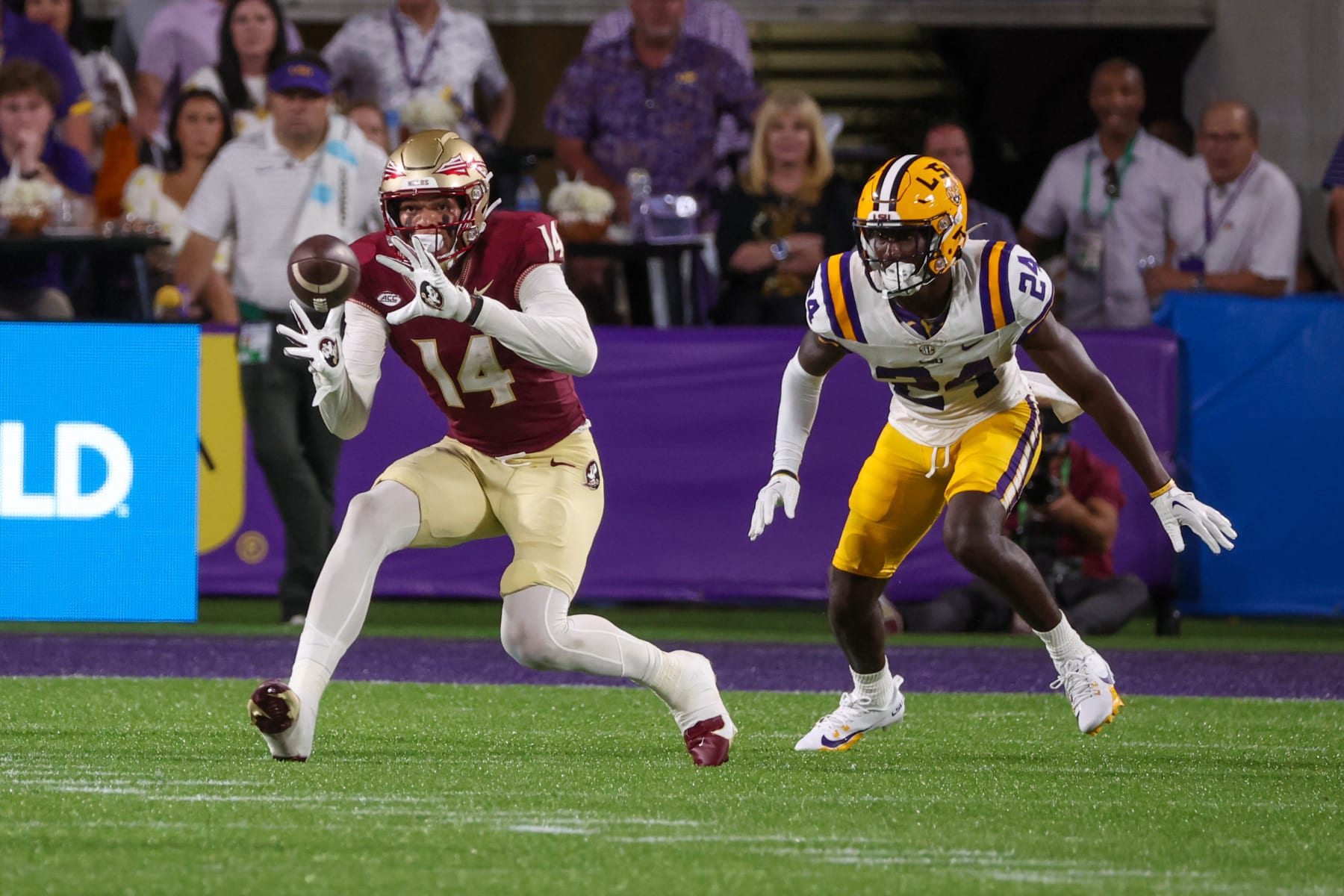 ORLANDO, FL - SEPTEMBER 03: Florida State Seminoles wide receiver Johnny Wilson (14) catches a pass during the Camping World kickoff football game between the Florida State Seminoles and the Louisiana State University Tigers on September 3, 2023 at Camping World Stadium in Orlando FL.(Photo by Joe Petro/Icon Sportswire via Getty Images)