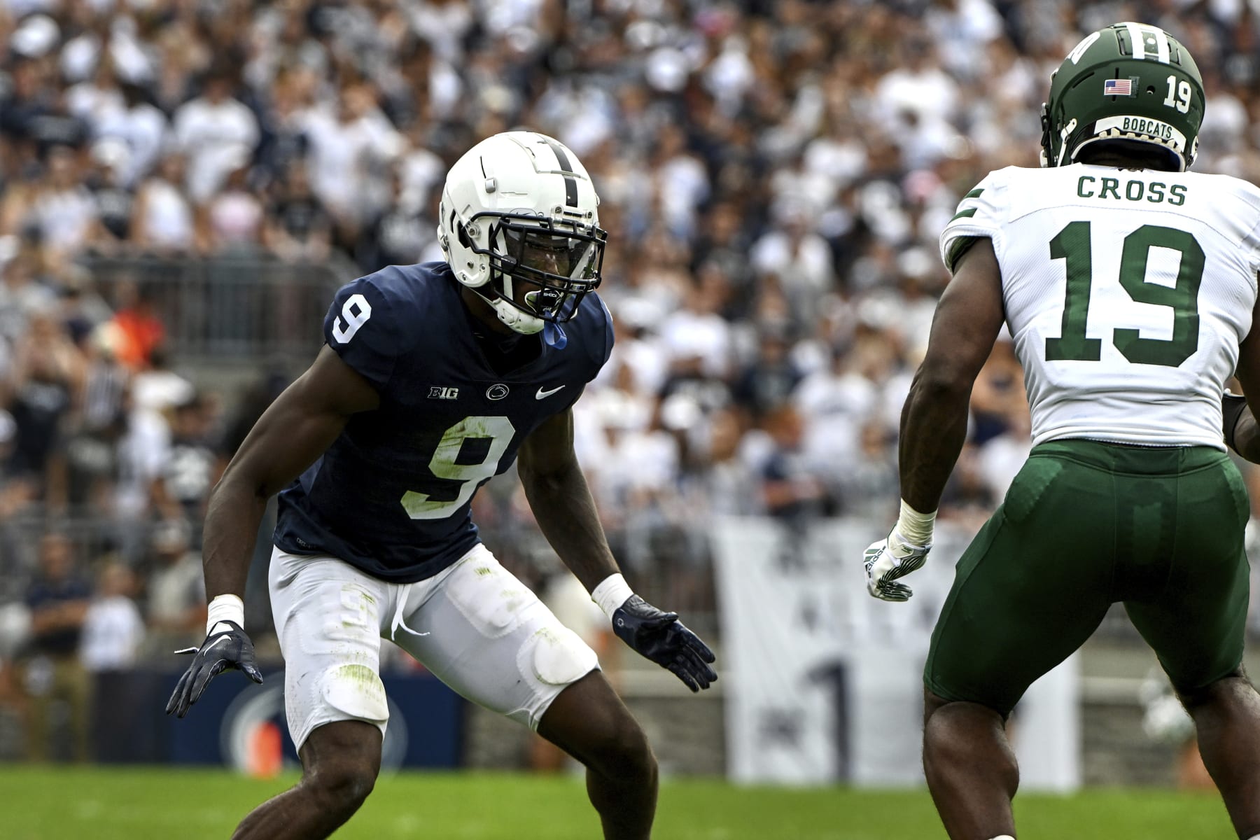 Penn State cornerback Joey Porter Jr. (9) drops into coverage during an NCAA college football game against Ohio, Saturday, Sept. 10, 2022, in State College, Pa. (AP Photo/Barry Reeger)