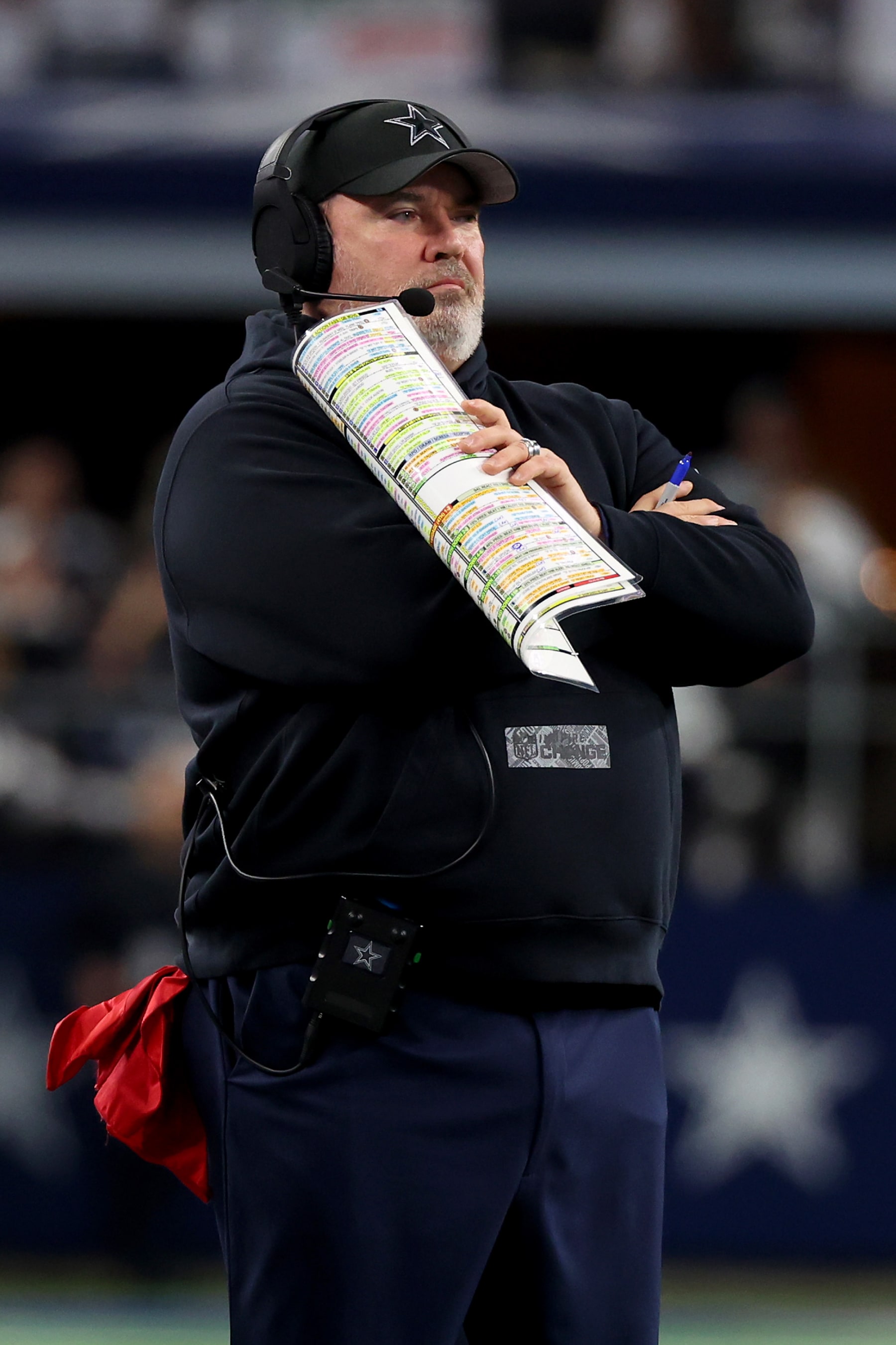ARLINGTON, TEXAS - DECEMBER 30: Head coach Mike McCarthy of the Dallas Cowboys looks on against the Detroit Lions during the second quarter in the game at AT&T Stadium on December 30, 2023 in Arlington, Texas. (Photo by Richard Rodriguez/Getty Images)
