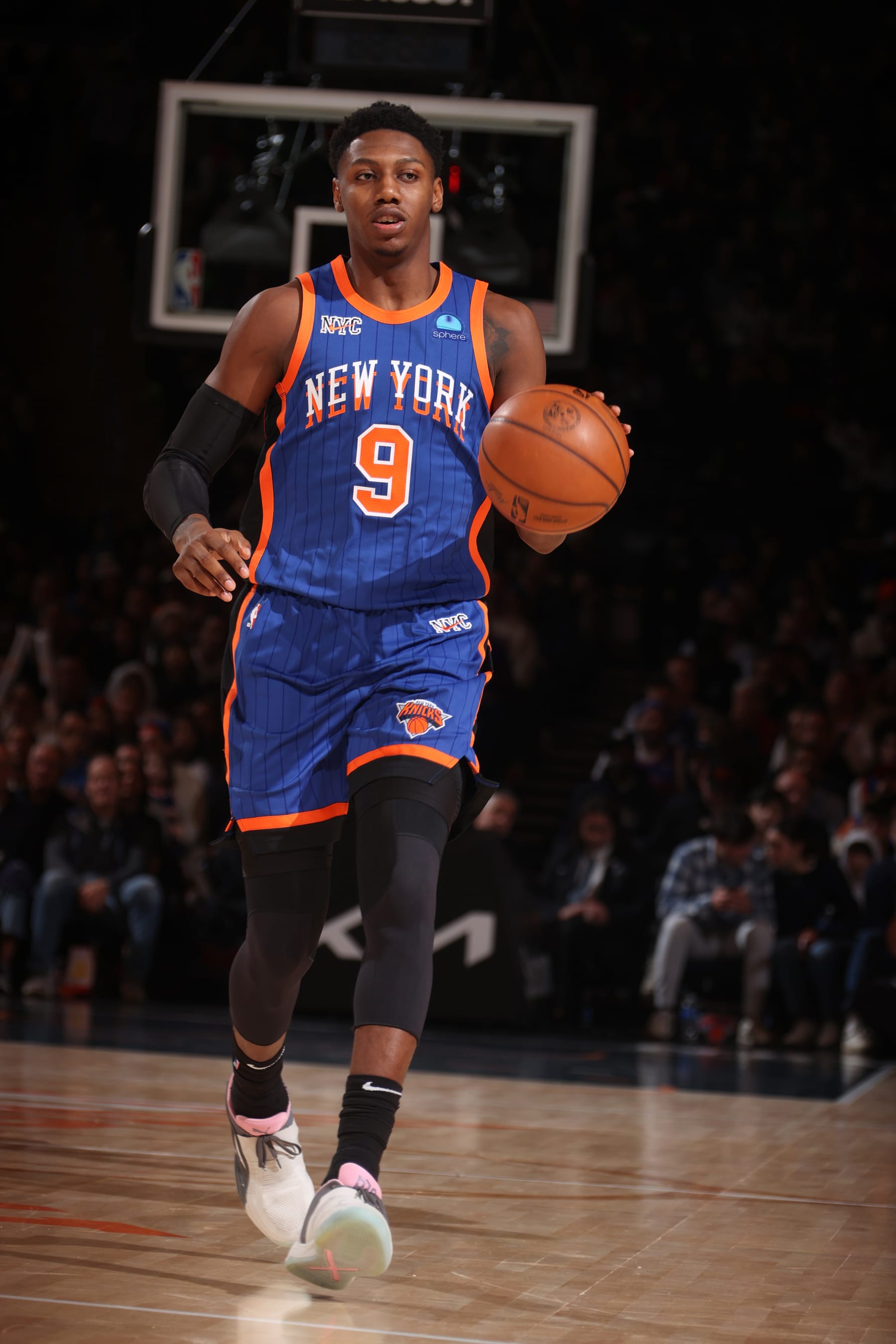 NEW YORK, NY - DECEMBER 23:  RJ Barrett #9 of the New York Knicks handles the ball during the game  on December 23, 2023 at Madison Square Garden in New York City, New York.  NOTE TO USER: User expressly acknowledges and agrees that, by downloading and or using this photograph, User is consenting to the terms and conditions of the Getty Images License Agreement. Mandatory Copyright Notice: Copyright 2023 NBAE  (Photo by Nathaniel S. Butler/NBAE via Getty Images)