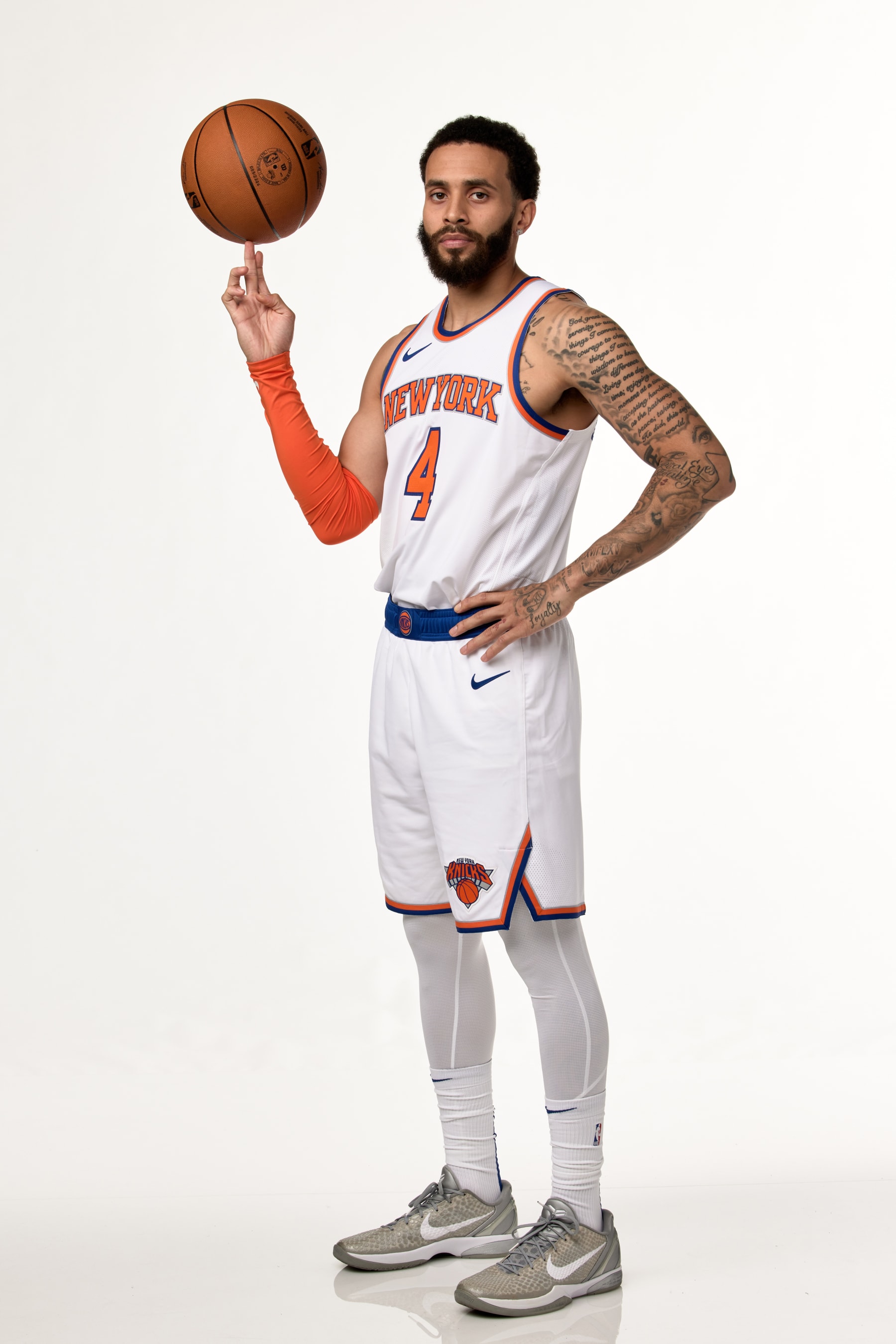 TARRYTOWN, NEW YORK - OCTOBER 02: Duane Washington Jr. #4 of the New York Knicks poses for a portrait during 2023-24 NBA Media Day on October 2, 2023 in Tarrytown, New York. NOTE TO USER: User expressly acknowledges and agrees that, by downloading and/or using this photograph, user is consenting to the terms and conditions of the Getty Images License Agreement.  Mandatory Copyright Notice: Copyright 2023 NBAE (Photo by Steven Freeman/NBAE via Getty Images)