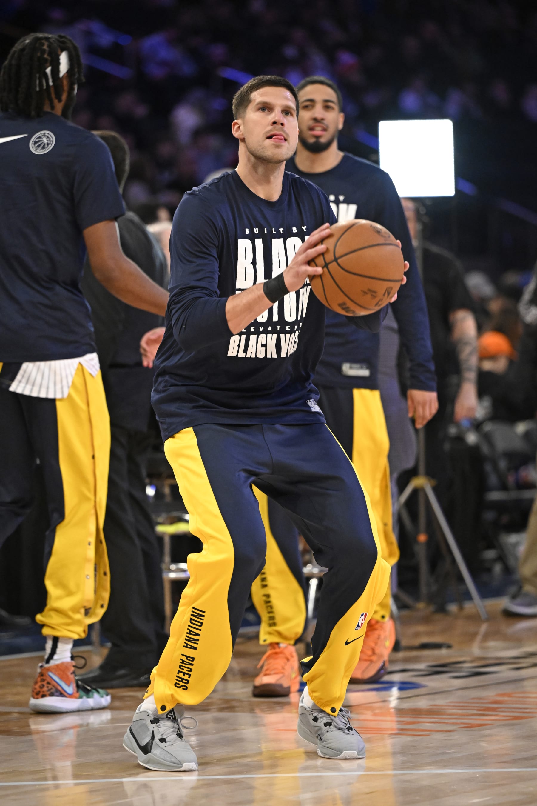 NEW YORK, NY - FEBRUARY 10: Doug McDermott #20 of the Indiana Pacers warms up before the game against the New York Knicks on February 10, 2024 at Madison Square Garden in New York City, New York.  NOTE TO USER: User expressly acknowledges and agrees that, by downloading and or using this photograph, User is consenting to the terms and conditions of the Getty Images License Agreement. Mandatory Copyright Notice: Copyright 2024 NBAE  (Photo by David Dow/NBAE via Getty Images)