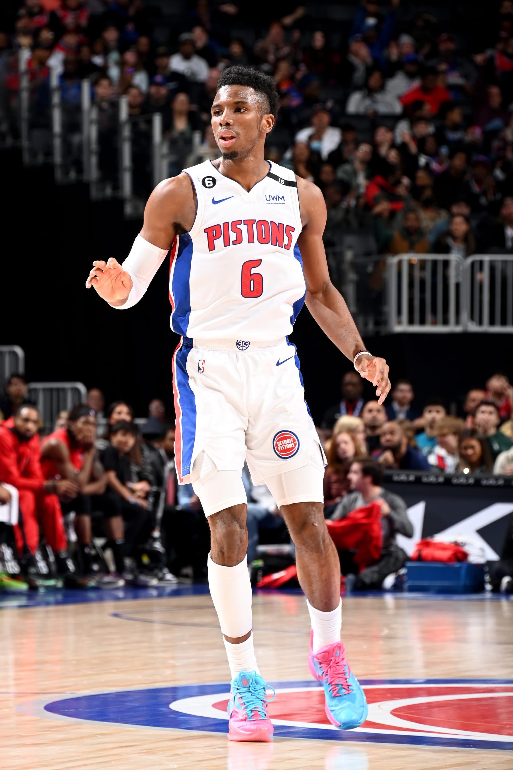 DETROIT, MI - MARCH 1: Hamidou Diallo #6 of the Detroit Pistons looks on during the game against the Chicago Bulls on March 1, 2023 at Little Caesars Arena in Detroit, Michigan. NOTE TO USER: User expressly acknowledges and agrees that, by downloading and/or using this photograph, User is consenting to the terms and conditions of the Getty Images License Agreement. Mandatory Copyright Notice: Copyright 2023 NBAE (Photo by Chris Schwegler/NBAE via Getty Images)