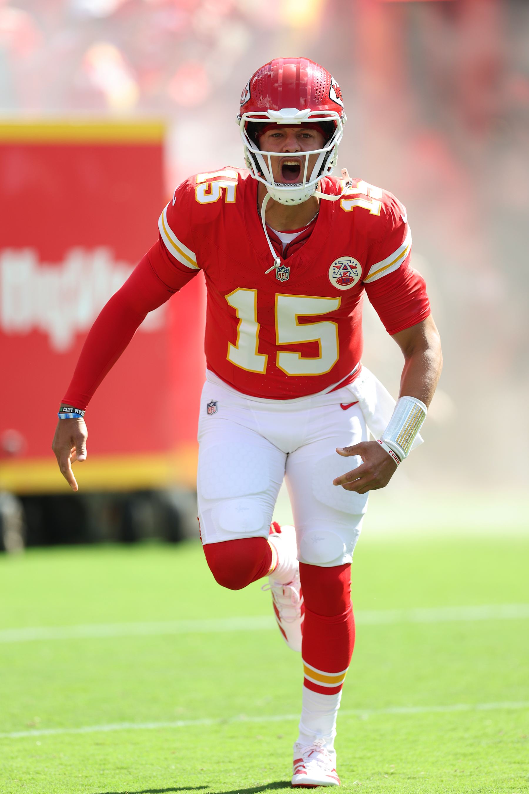 KANSAS CITY, MISSOURI - SEPTEMBER 15: Patrick Mahomes #15 of the Kansas City Chiefs takes to the field prior to the game against the Cincinnati Bengals at GEHA Field at Arrowhead Stadium on September 15, 2024 in Kansas City, Missouri. (Photo by Jamie Squire/Getty Images)