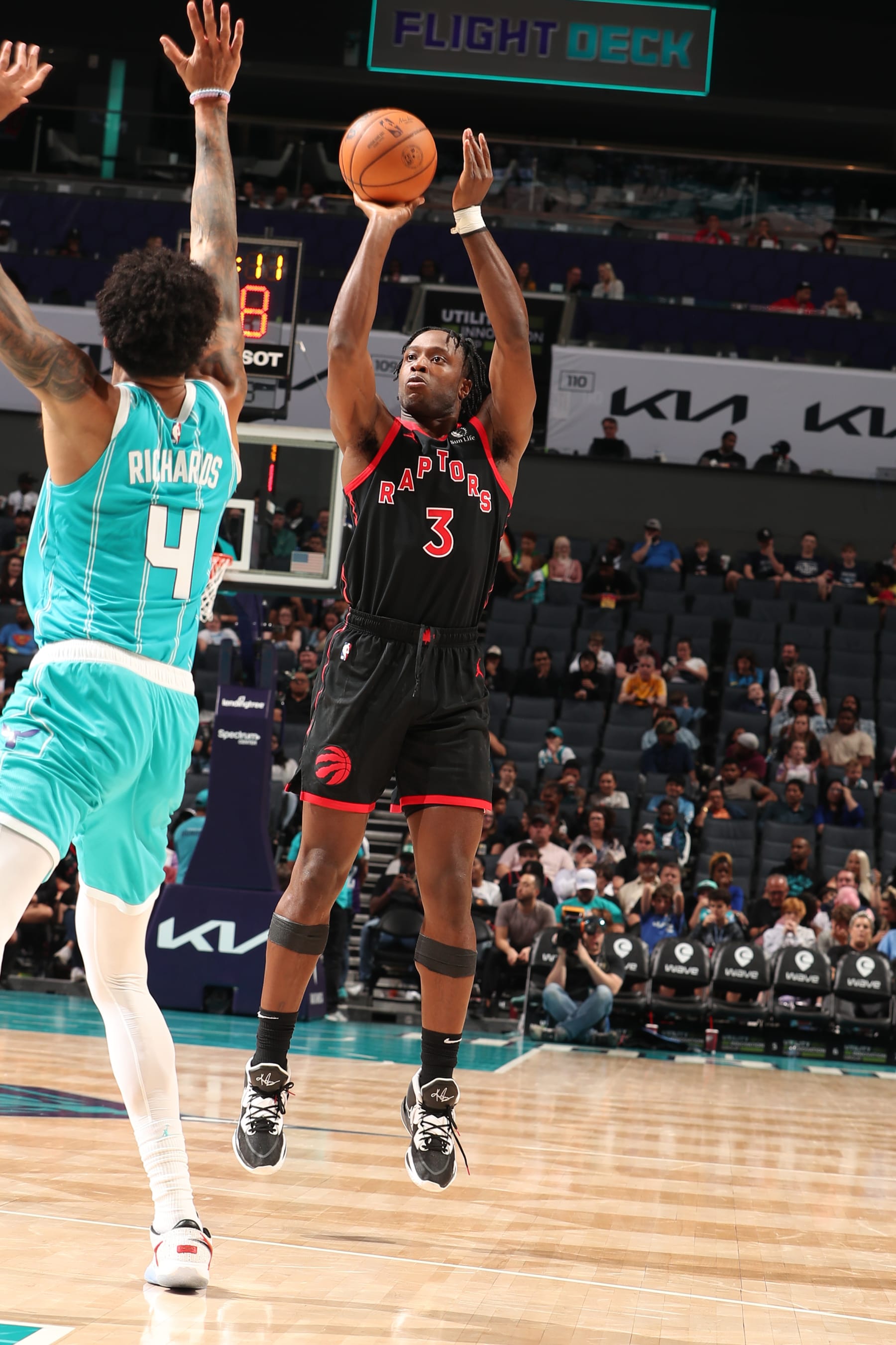 CHARLOTTE, NC - APRIL 4: OG Anunoby #3 of the Toronto Raptors shoots the ball during the game  on April 4, 2023 at Spectrum Center in Charlotte, North Carolina. NOTE TO USER: User expressly acknowledges and agrees that, by downloading and or using this photograph, User is consenting to the terms and conditions of the Getty Images License Agreement. Mandatory Copyright Notice: Copyright 2023 NBAE (Photo by Kent Smith/NBAE via Getty Images)