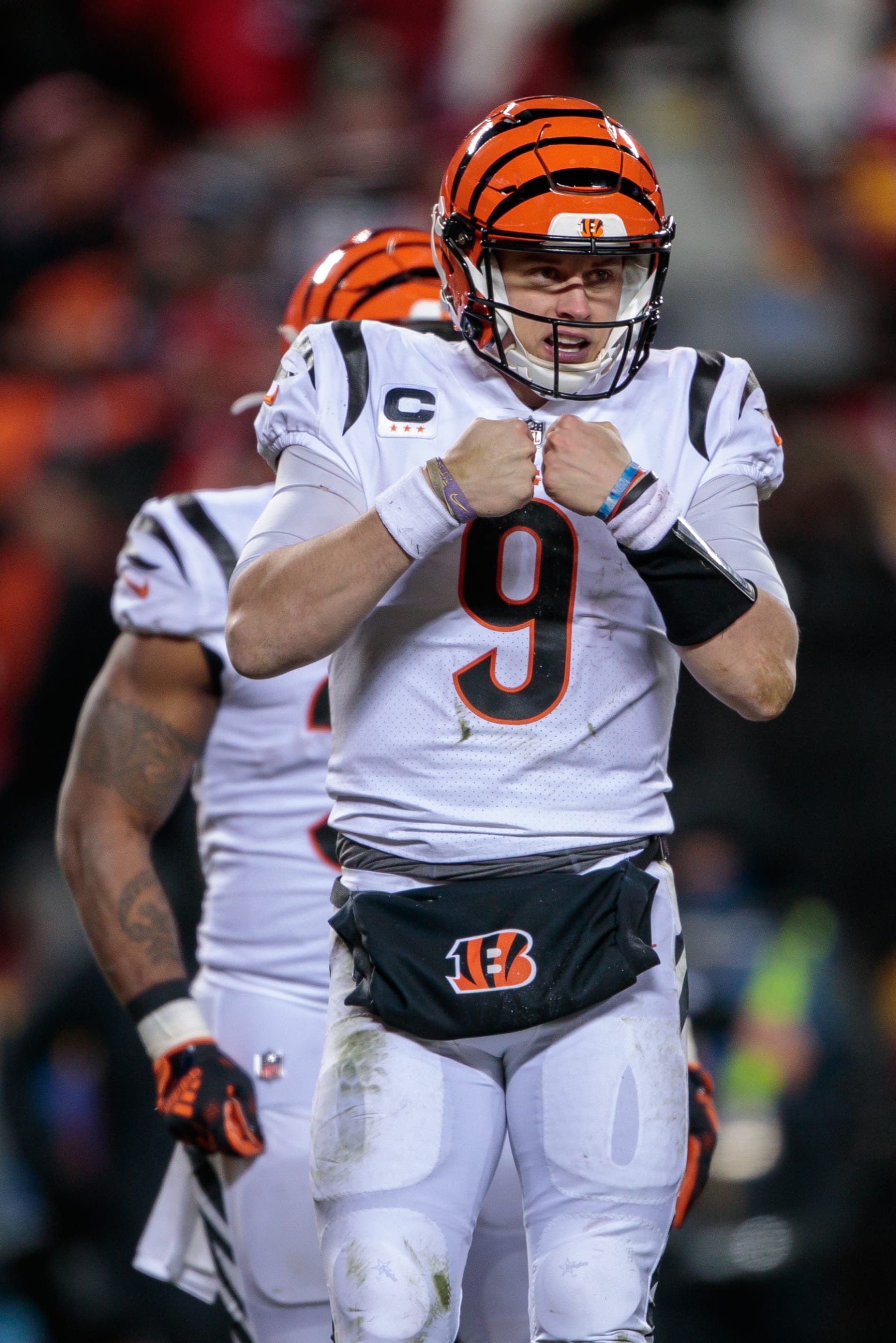 KANSAS CITY, MO - JANUARY 29: Cincinnati Bengals quarterback Joe Burrow (9) between plays against the Kansas City Chiefs on January 29th, 2023 at Arrowhead Stadium in Kansas City, Missouri. (Photo by William Purnell/Icon Sportswire via Getty Images)