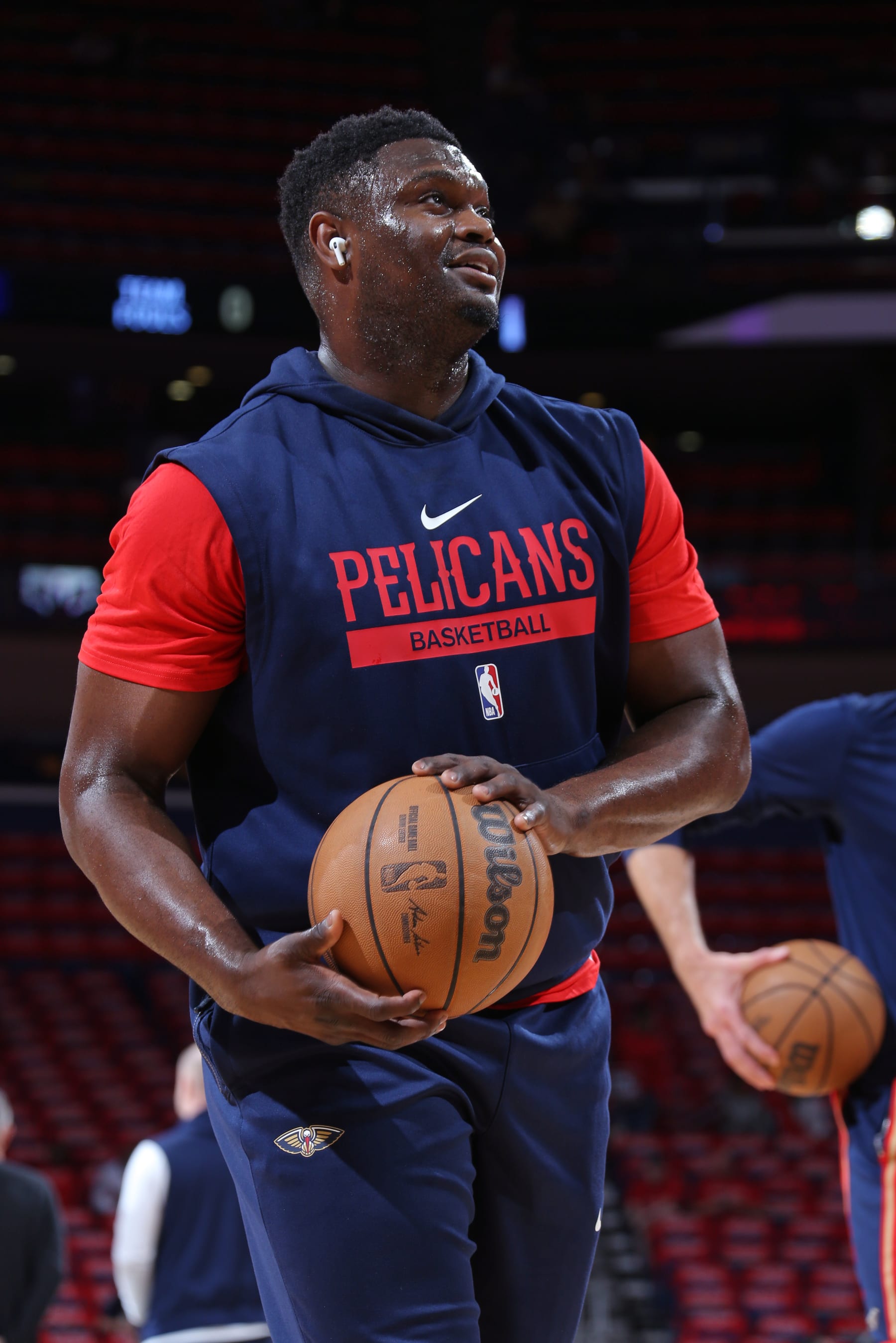 NEW ORLEANS, LA - APRIL 12: Zion Williamson #1 of the New Orleans Pelicans warms up before the 2023 Play-In Tournament against the Oklahoma City Thunder on April 12, 2023 at the Smoothie King Center in New Orleans, Louisiana. NOTE TO USER: User expressly acknowledges and agrees that, by downloading and or using this Photograph, user is consenting to the terms and conditions of the Getty Images License Agreement. Mandatory Copyright Notice: Copyright 2023 NBAE (Photo by Layne Murdoch Jr./NBAE via Getty Images)