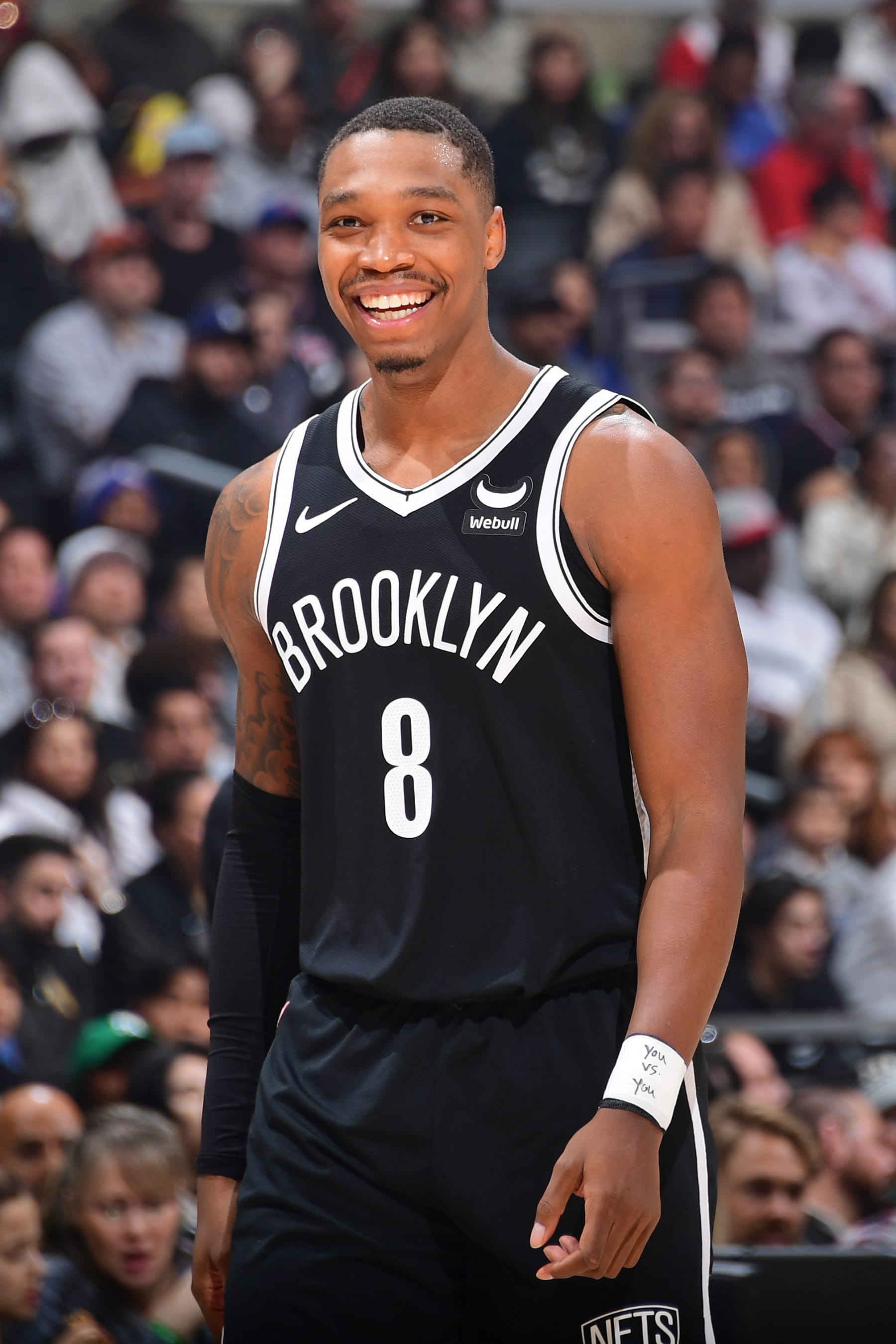 LOS ANGELES, CA - JANUARY 21: Lonnie Walker IV #8 of the Brooklyn Nets smiles during the game against the LA Clippers on January 21, 2024 at Crypto.Com Arena in Los Angeles, California. NOTE TO USER: User expressly acknowledges and agrees that, by downloading and/or using this Photograph, user is consenting to the terms and conditions of the Getty Images License Agreement. Mandatory Copyright Notice: Copyright 2024 NBAE (Photo by Adam Pantozzi/NBAE via Getty Images)
