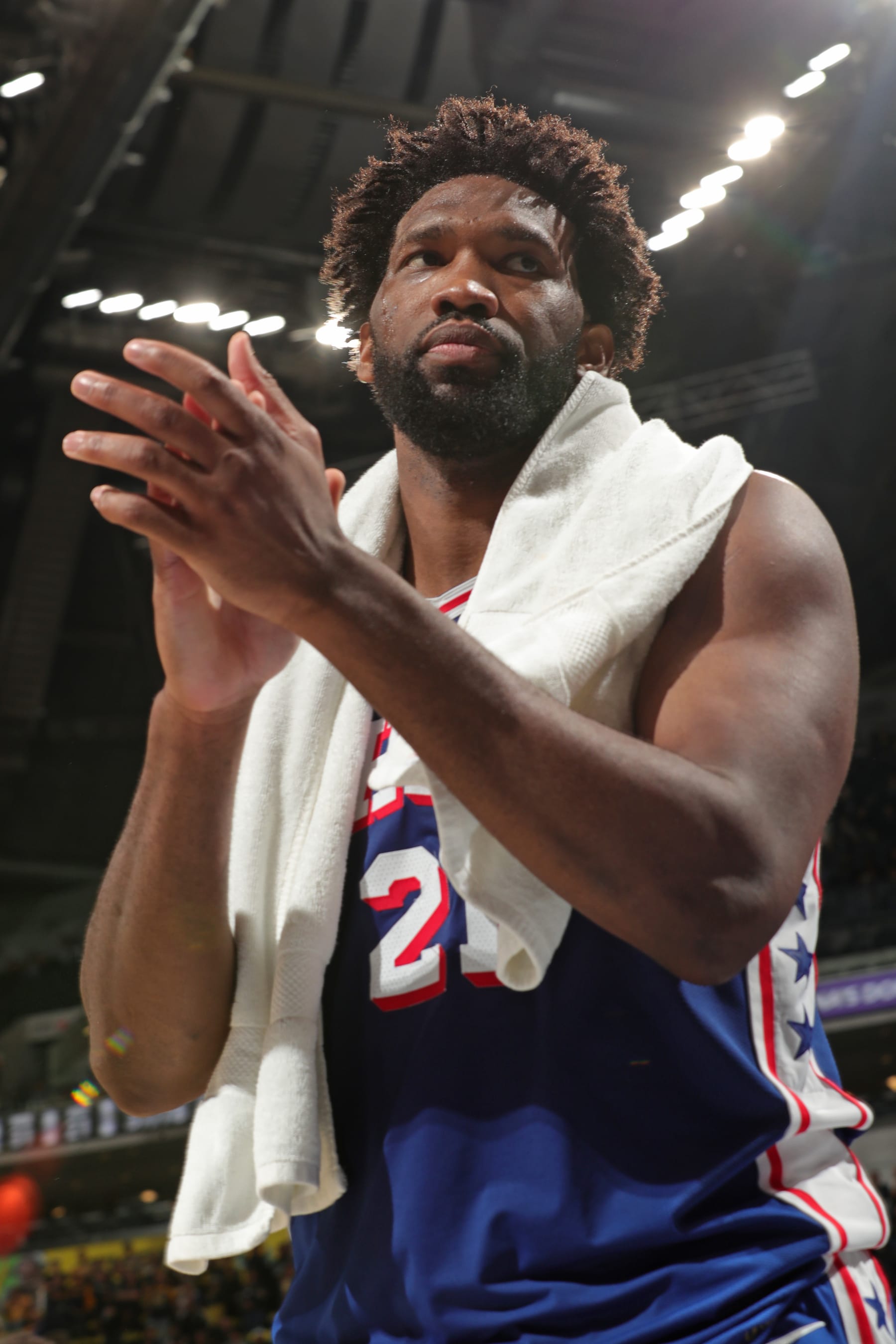 INDIANAPOLIS, IN - JANUARY 25: Joel Embiid #21 of the Philadelphia 76ers claps during the game against the Indiana Pacers on January 25, 2024 at Gainbridge Fieldhouse in Indianapolis, Indiana. NOTE TO USER: User expressly acknowledges and agrees that, by downloading and or using this Photograph, user is consenting to the terms and conditions of the Getty Images License Agreement. Mandatory Copyright Notice: Copyright 2024 NBAE (Photo by Pepper Robinson/NBAE via Getty Images)