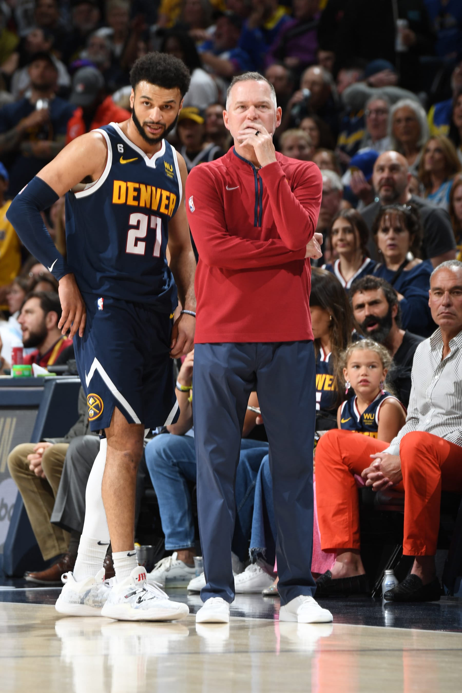 DENVER, CO - MAY 18: Jamal Murray #27 of the Denver Nuggets and Head Coach Michael Malone look on during Game 2 of the Western Conference Finals 2023 NBA Playoffs on May 18, 2023 at the Ball Arena in Denver, Colorado. NOTE TO USER: User expressly acknowledges and agrees that, by downloading and/or using this Photograph, user is consenting to the terms and conditions of the Getty Images License Agreement. Mandatory Copyright Notice: Copyright 2023 NBAE (Photo by Andrew D. Bernstein/NBAE via Getty Images)