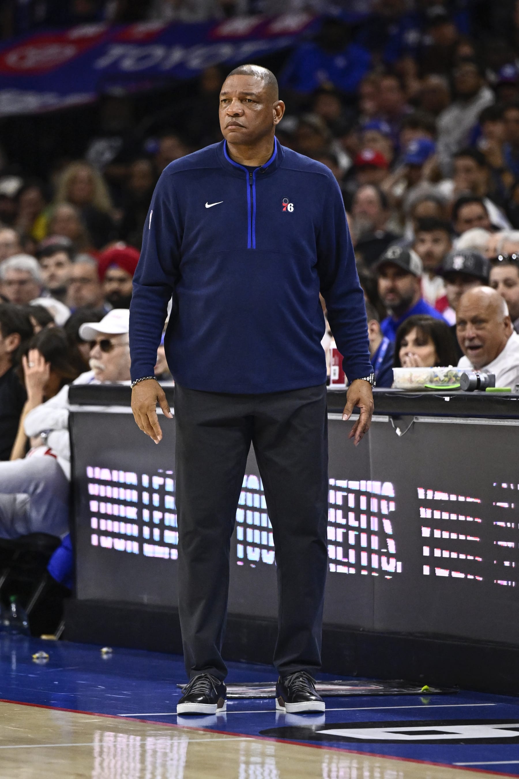 PHILADELPHIA, PA - MAY 11:  Head Coach Doc Rivers of the Philadelphia 76ers looks on during the game during round two game six of the 2023 NBA Playoffs on on May 11, 2023 at the Wells Fargo Center in Philadelphia, Pennsylvania NOTE TO USER: User expressly acknowledges and agrees that, by downloading and/or using this Photograph, user is consenting to the terms and conditions of the Getty Images License Agreement. Mandatory Copyright Notice: Copyright 2023 NBAE (Photo by David Dow/NBAE via Getty Images)