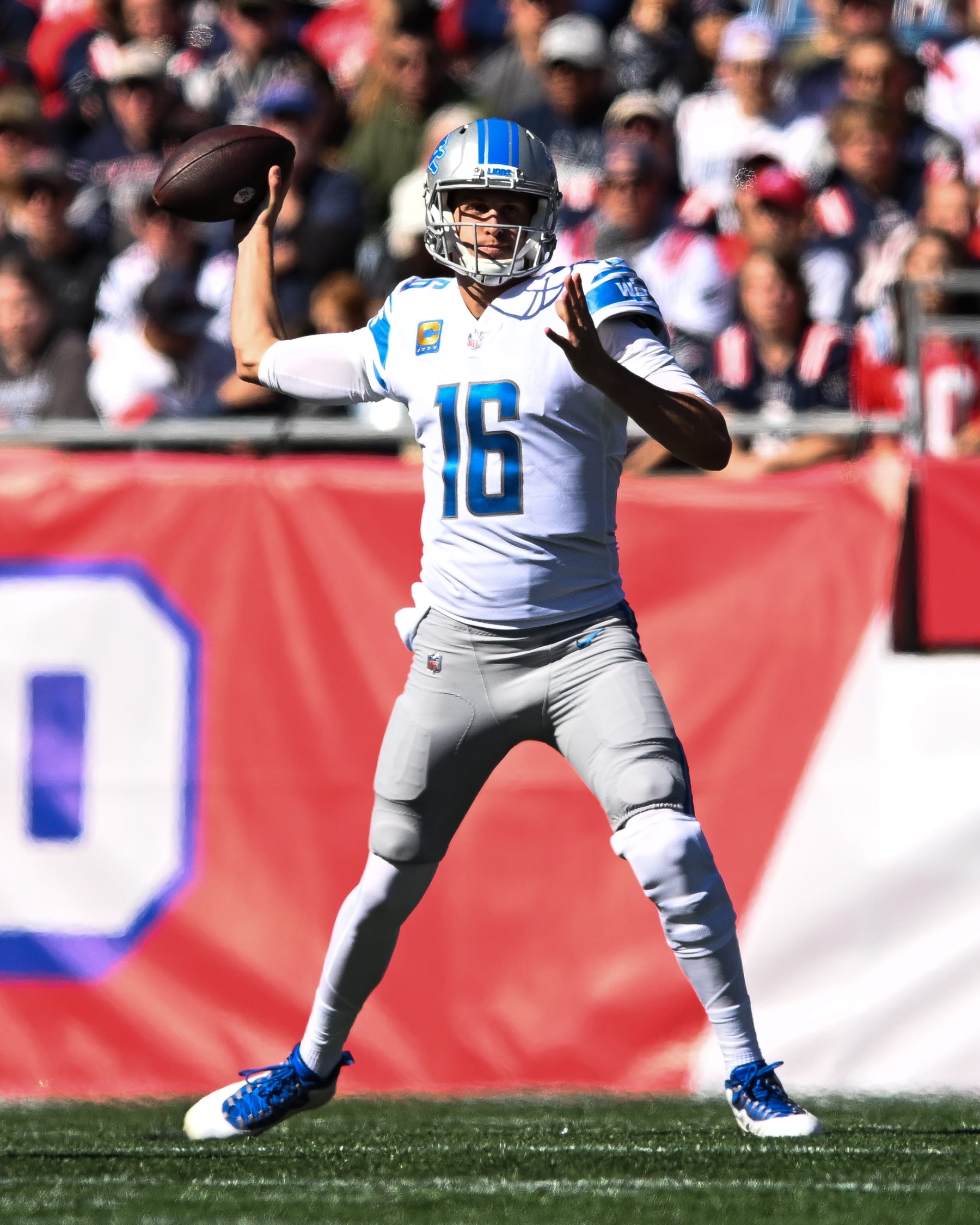 FOXBOROUGH, MA - OCTOBER 9, 2022: Jared Goff #16 of the Detroit Lions throws the football during the game against the New England Patriots at Gillette Stadium on  October 9, 2022 in Foxborough, Massachusetts. (Photo by Kathryn Riley/Getty Images)