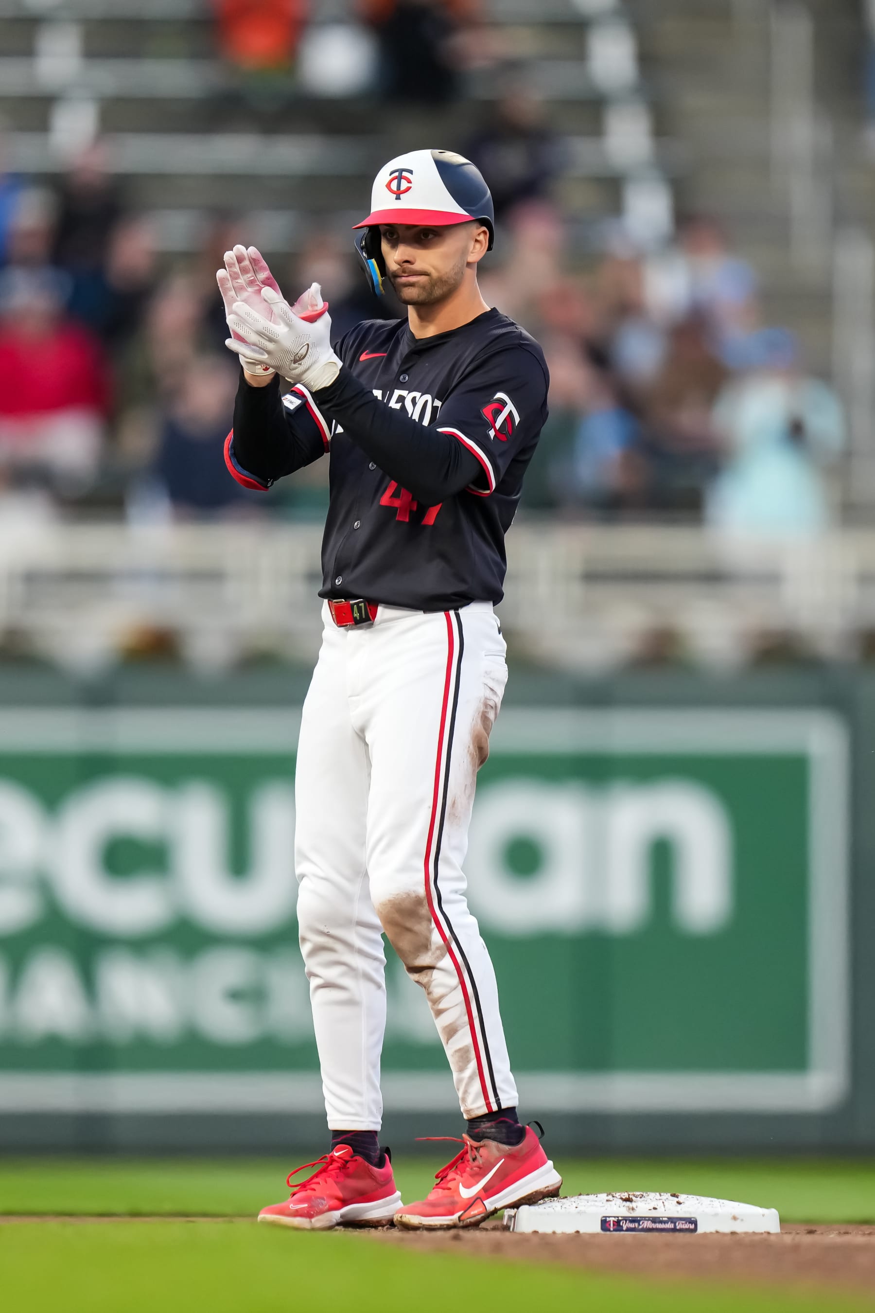MINNEAPOLIS, MN - APRIL 22: Edouard Julien #47 of the Minnesota Twins celebrates against the Chicago White Sox on April 22, 2024 at Target Field in Minneapolis, Minnesota. (Photo by Brace Hemmelgarn/Minnesota Twins/Getty Images)