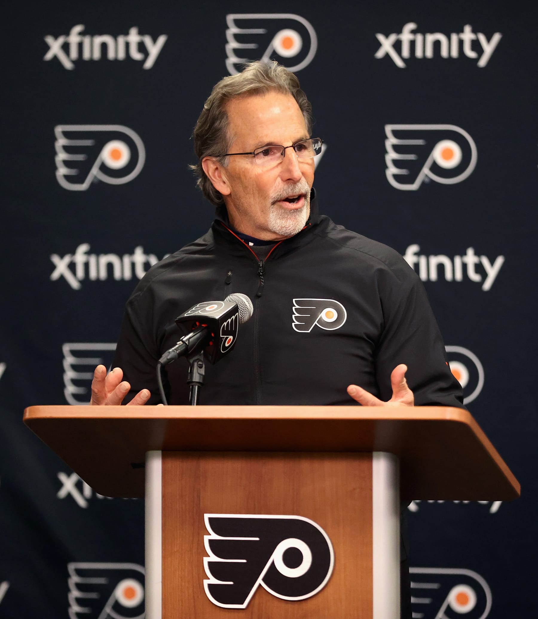 PHILADELPHIA, PENNSYLVANIA - DECEMBER 20: Head Coach of the Philadelphia Flyers John Tortorella speaks during a press conference after his team defeated the Columbus Blue Jackets 5-2 at the Wells Fargo Center on December 20, 2022 in Philadelphia, Pennsylvania.  (Photo by Len Redkoles/NHLI via Getty Images)