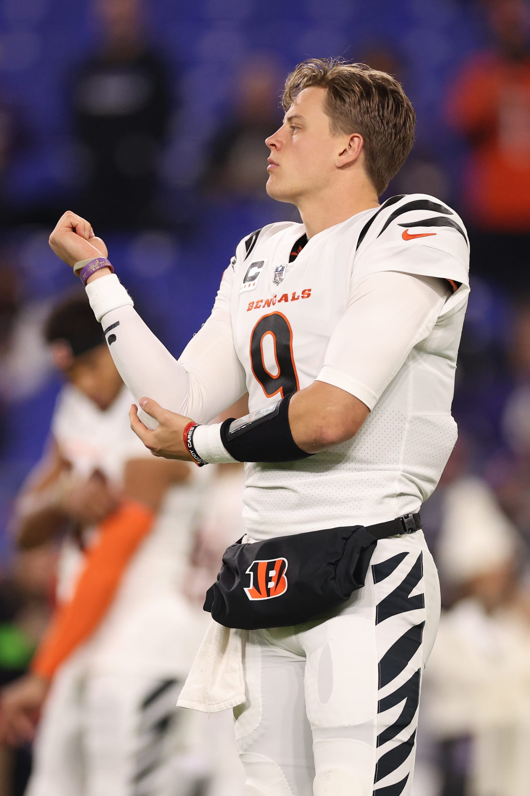 BALTIMORE, MARYLAND - NOVEMBER 16: Joe Burrow #9 of the Cincinnati Bengals looks on before playing against the Baltimore Ravens during the second quarter of the game at M&T Bank Stadium on November 16, 2023 in Baltimore, Maryland. (Photo by Patrick Smith/Getty Images)