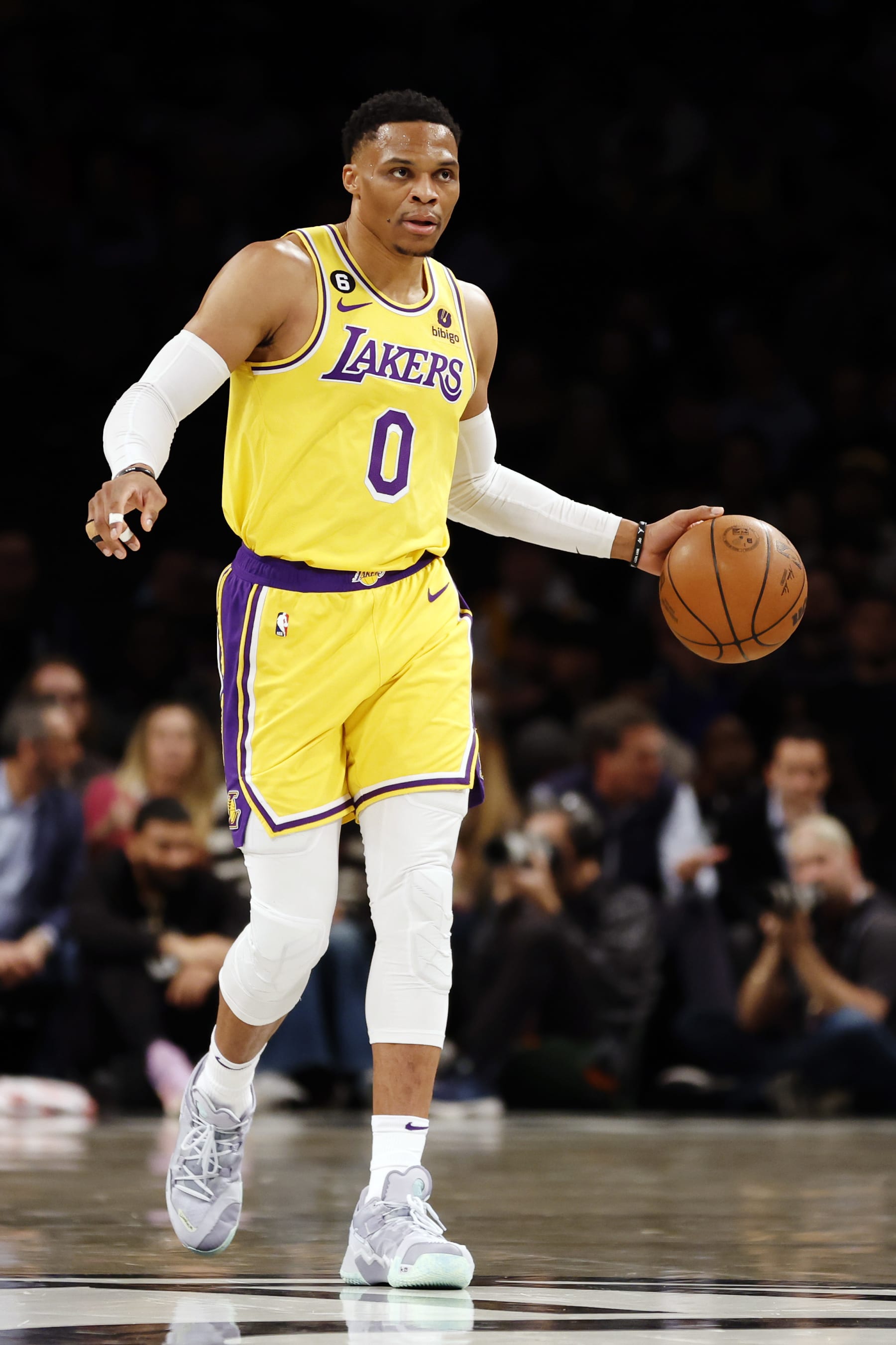 NEW YORK, NEW YORK - JANUARY 30: Russell Westbrook #0 of the Los Angeles Lakers dribbles during the first half against the Brooklyn Nets at Barclays Center on January 30, 2023 in the Brooklyn borough of New York City. NOTE TO USER: User expressly acknowledges and agrees that, by downloading and/or using this photograph, User is consenting to the terms and conditions of the Getty Images License Agreement. (Photo by Sarah Stier/Getty Images)