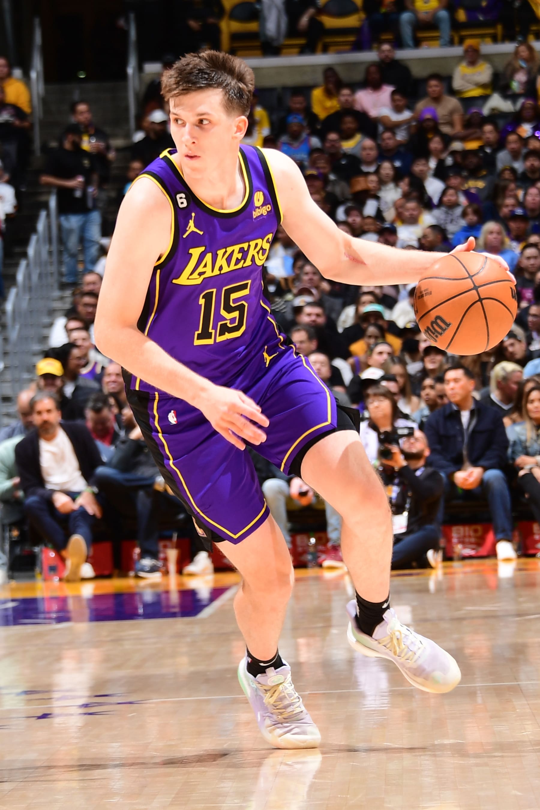 LOS ANGELES, CA - MARCH 24:  Austin Reaves #15 of the Los Angeles Lakers goes to the basket during the game on March 24, 2023 at Crypto.Com Arena in Los Angeles, California. NOTE TO USER: User expressly acknowledges and agrees that, by downloading and/or using this Photograph, user is consenting to the terms and conditions of the Getty Images License Agreement. Mandatory Copyright Notice: Copyright 2023 NBAE (Photo by Adam Pantozzi/NBAE via Getty Images)