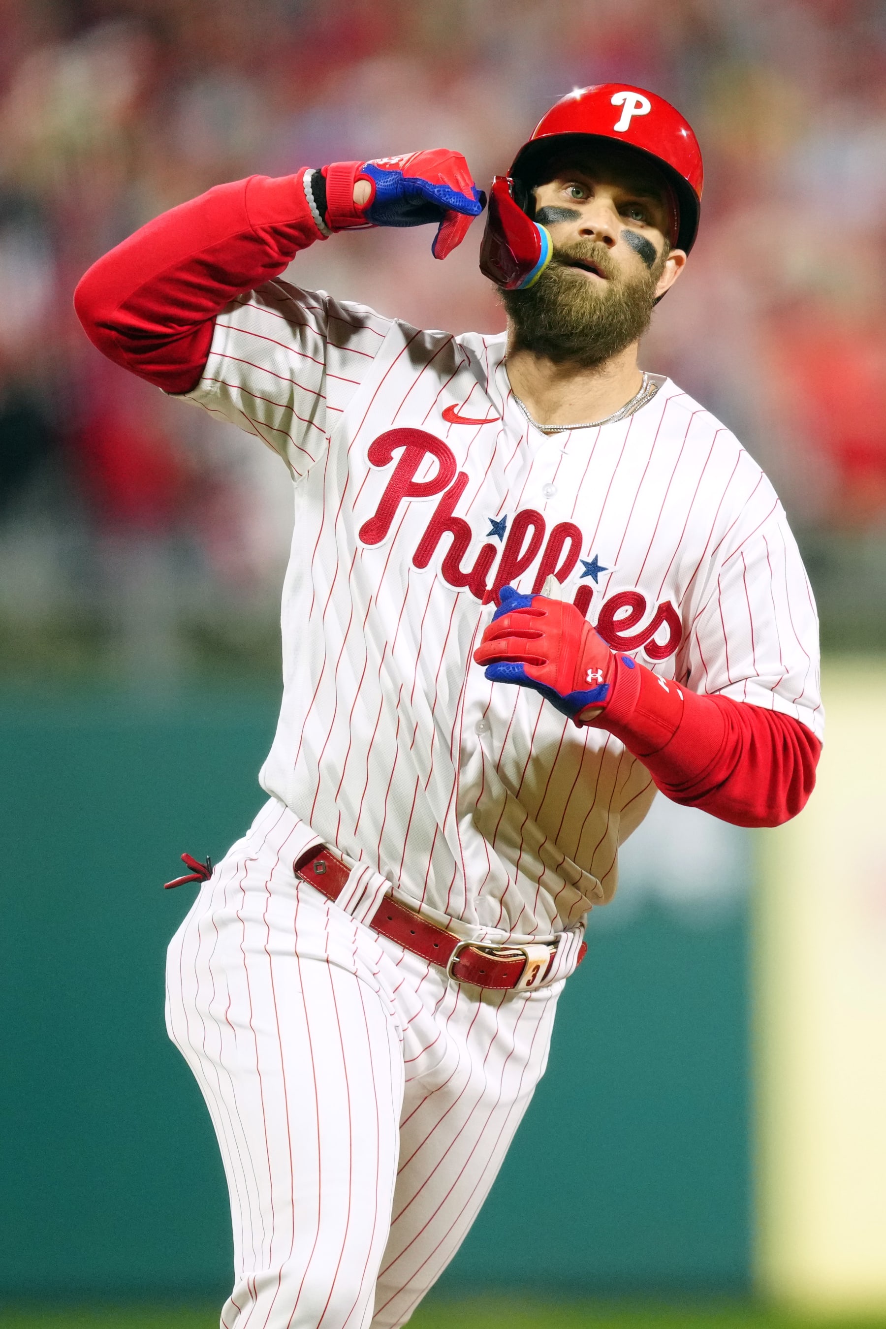 PHILADELPHIA, PA - NOVEMBER 01:  Bryce Harper #3 of the Philadelphia Phillies rounds the bases after hitting a two-run home run in the first inning during Game 3 of the 2022 World Series between the Houston Astros and the Philadelphia Phillies at Citizens Bank Park on Tuesday, November 1, 2022 in Philadelphia, Pennsylvania. (Photo by Daniel Shirey/MLB Photos via Getty Images)
