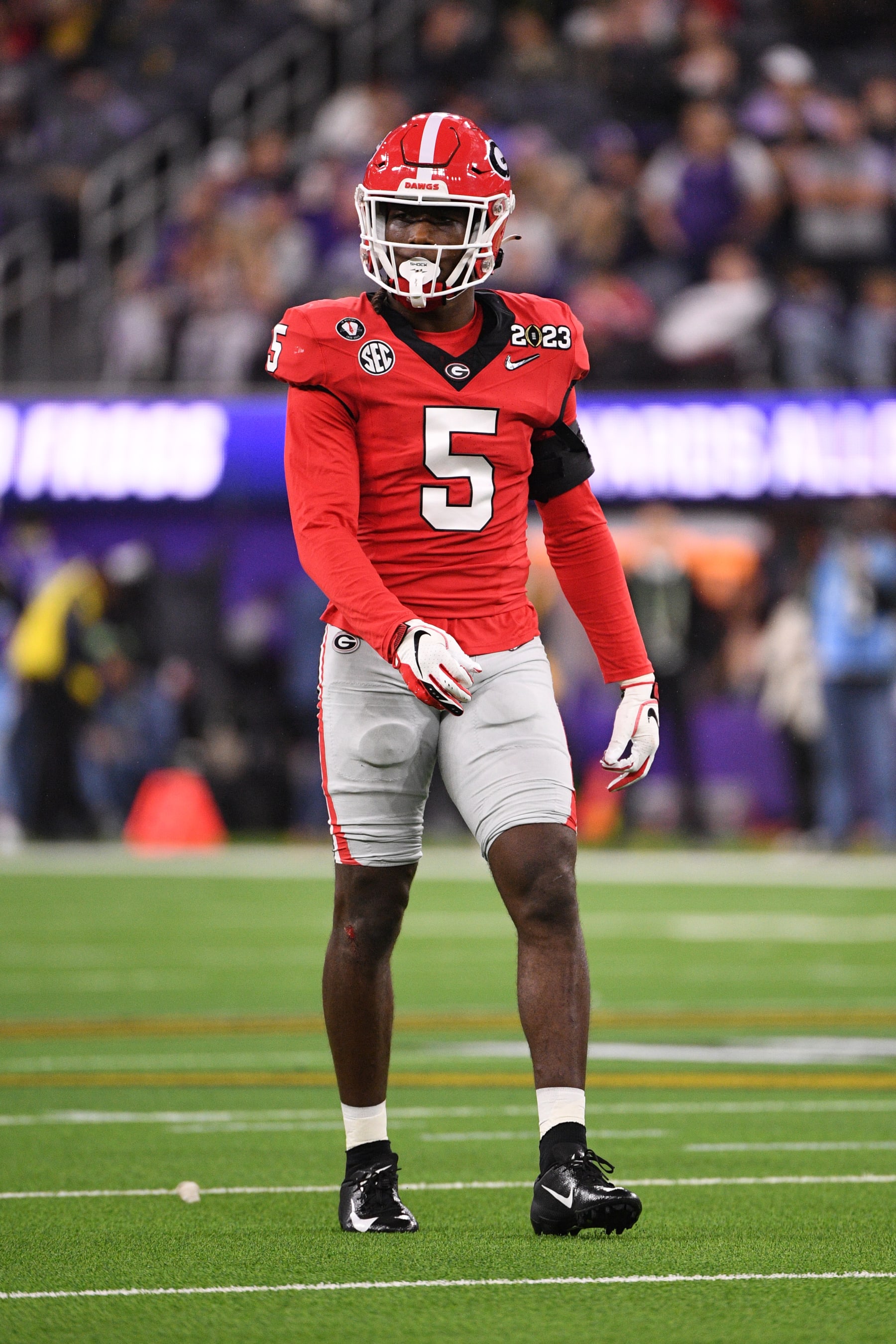 INGLEWOOD, CA - JANUARY 09: Georgia Bulldogs defensive back Kelee Ringo (5) looks on during the Georgia Bulldogs game versus the TCU Horned Frogs in the College Football Playoff National Championship game on January 9, 2023, at SoFi Stadium in Inglewood, CA. (Photo by Brian Rothmuller/Icon Sportswire via Getty Images)