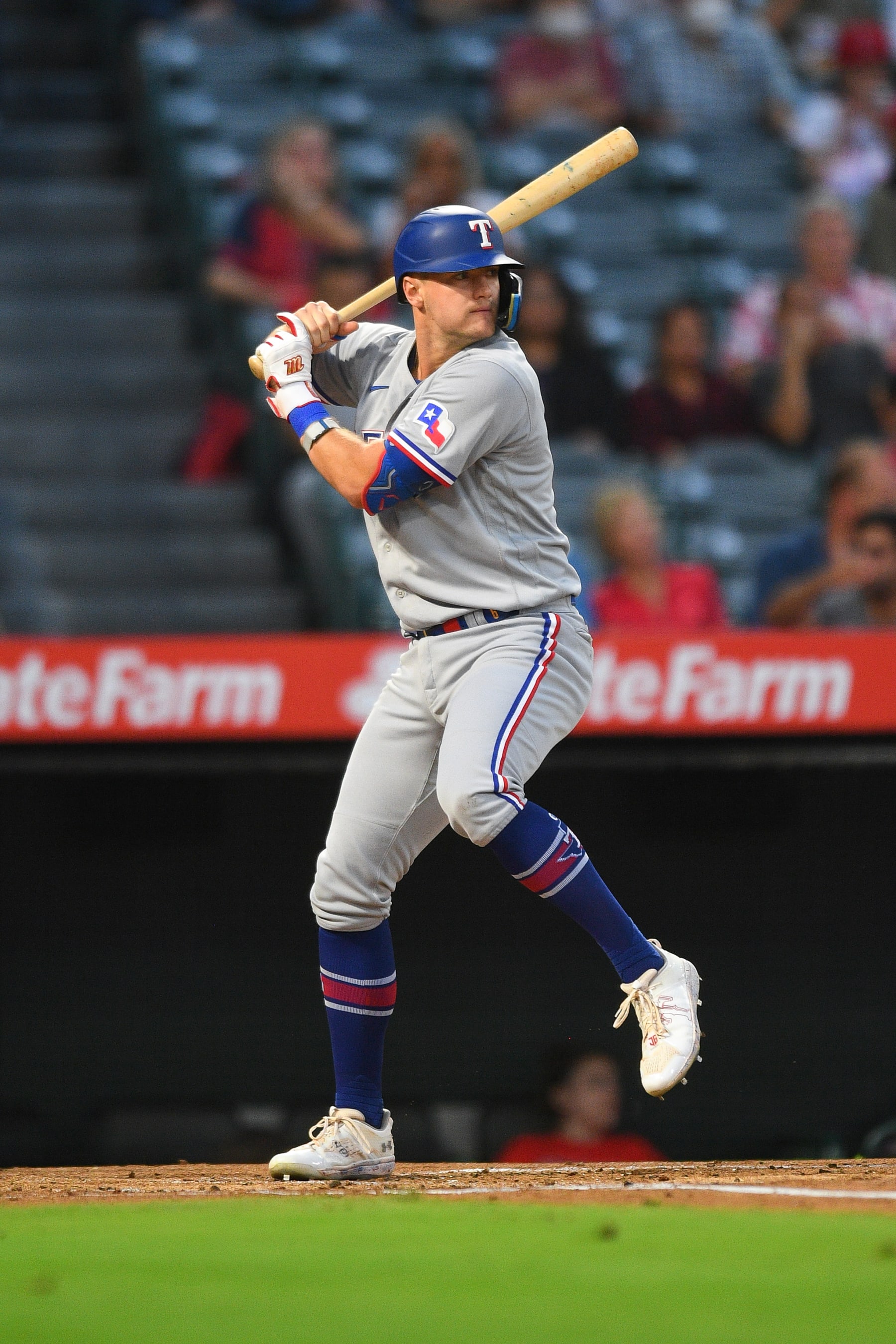 ANAHEIM, CA - SEPTEMBER 26: Texas Rangers third baseman Josh Jung (7) at bat during the MLB game between the Texas Rangers and the Los Angeles Angels of Anaheim on September 26, 2023 at Angel Stadium of Anaheim in Anaheim, CA. (Photo by Brian Rothmuller/Icon Sportswire via Getty Images)