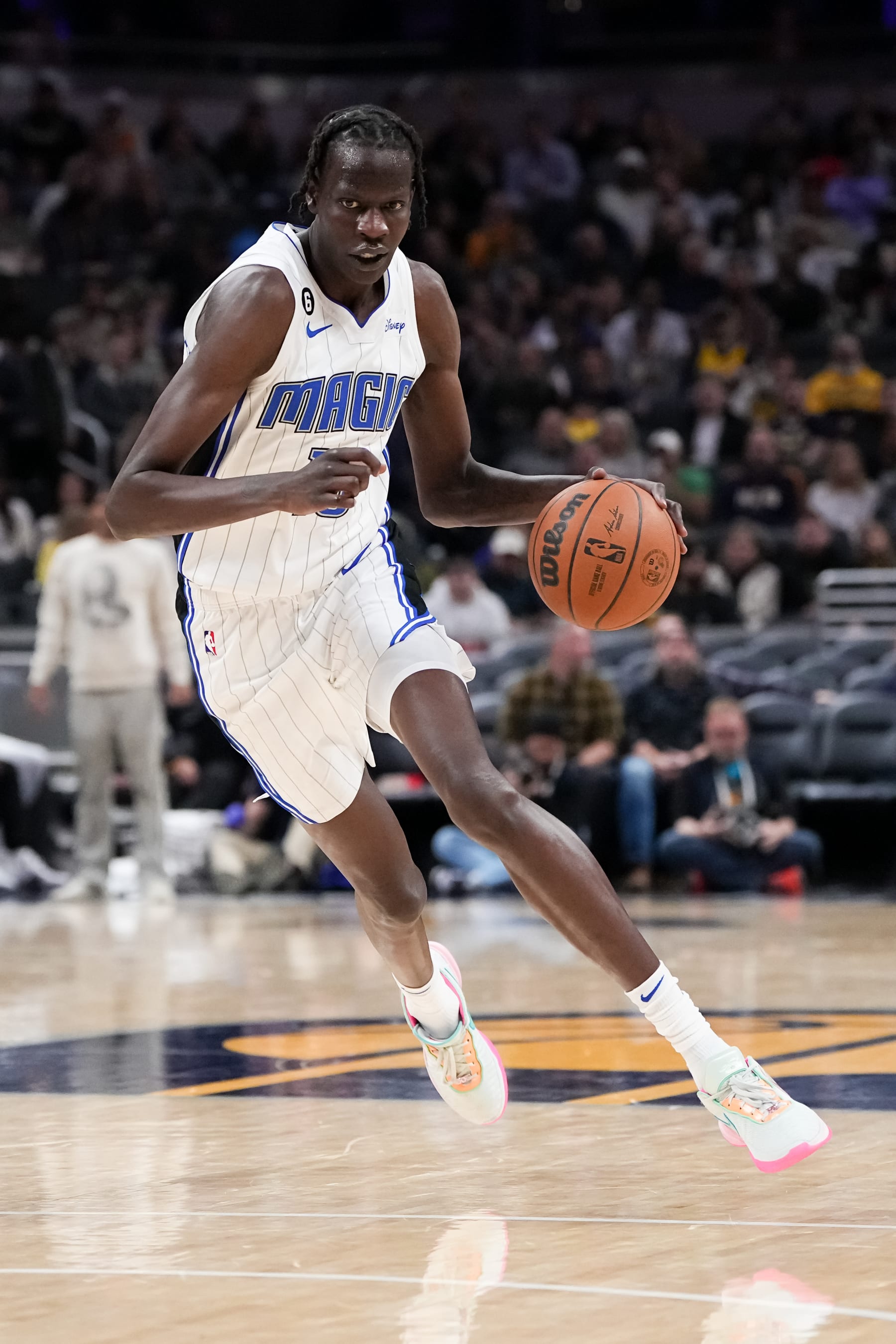 INDIANAPOLIS, INDIANA - NOVEMBER 19: Bol Bol #10 of the Orlando Magic dribbles the ball in the third quarter against the Indiana Pacers at Gainbridge Fieldhouse on November 19, 2022 in Indianapolis, Indiana. NOTE TO USER: User expressly acknowledges and agrees that, by downloading and or using this photograph, User is consenting to the terms and conditions of the Getty Images License Agreement. (Photo by Dylan Buell/Getty Images)