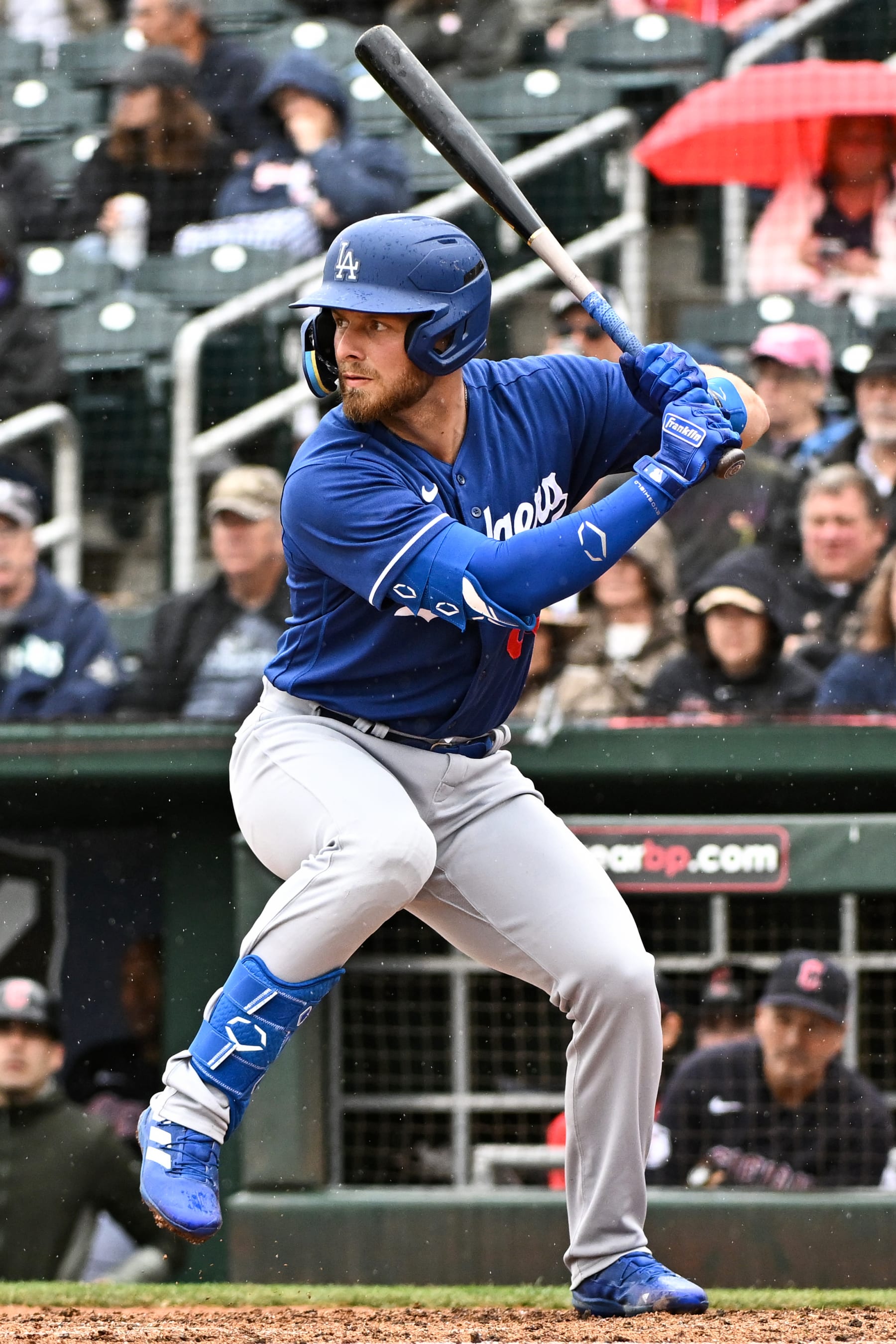 GOODYEAR, ARIZONA - MARCH 21, 2023: Michael Busch #83 of the Los Angeles Dodgers bats during the third inning of a spring training game against the Cleveland Guardians at Goodyear Ballpark on March 21, 2023 in Goodyear, Arizona. (Photo by Chris Bernacchi/Diamond Images via Getty Images)