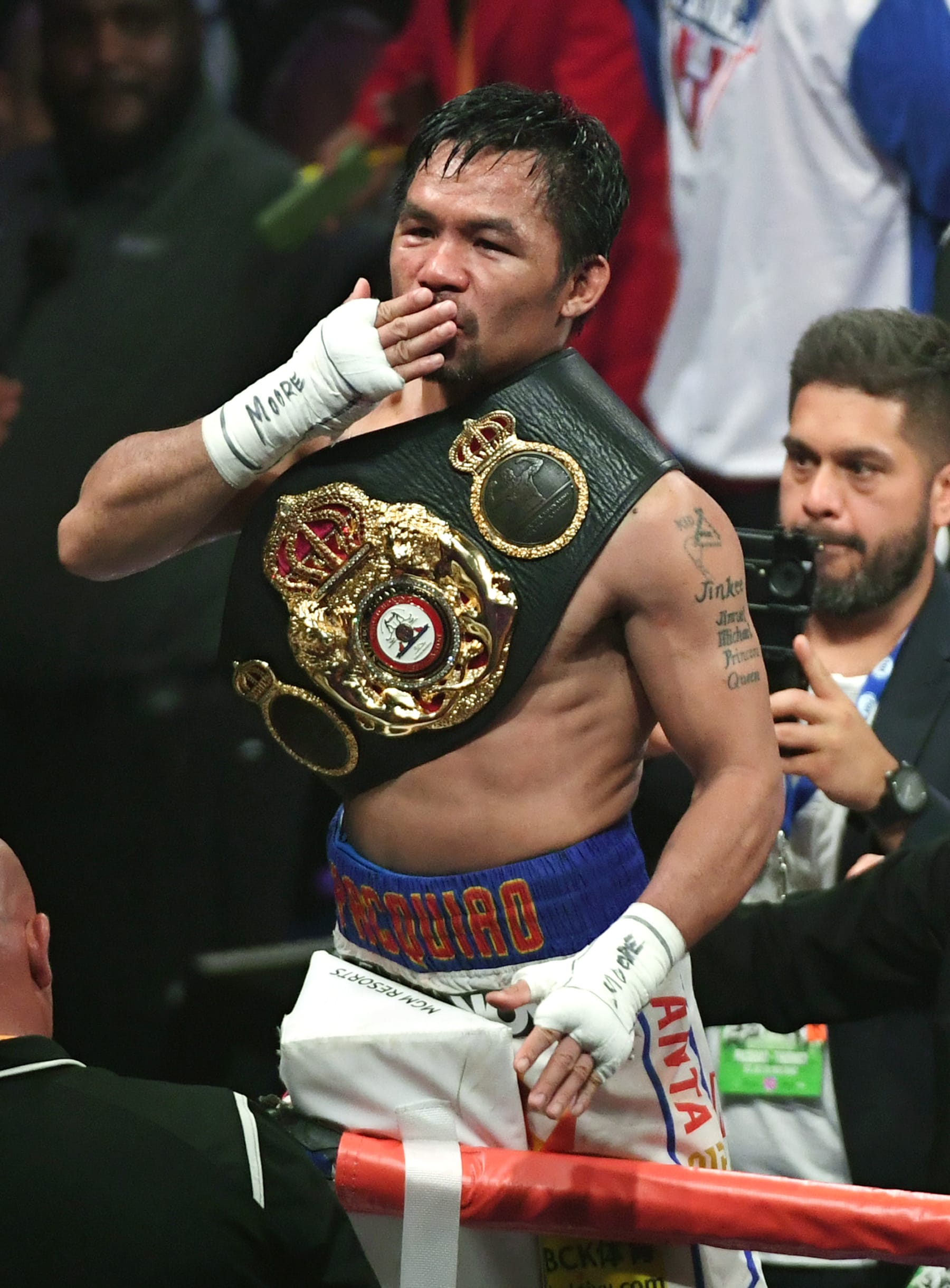 LAS VEGAS, NEVADA - JULY 20:  Manny Pacquiao blows a kiss to the crowd as he celebrates his split-decision victory over Keith Thurman in their WBA welterweight title fight at MGM Grand Garden Arena on July 20, 2019 in Las Vegas, Nevada.  (Photo by Ethan Miller/Getty Images)