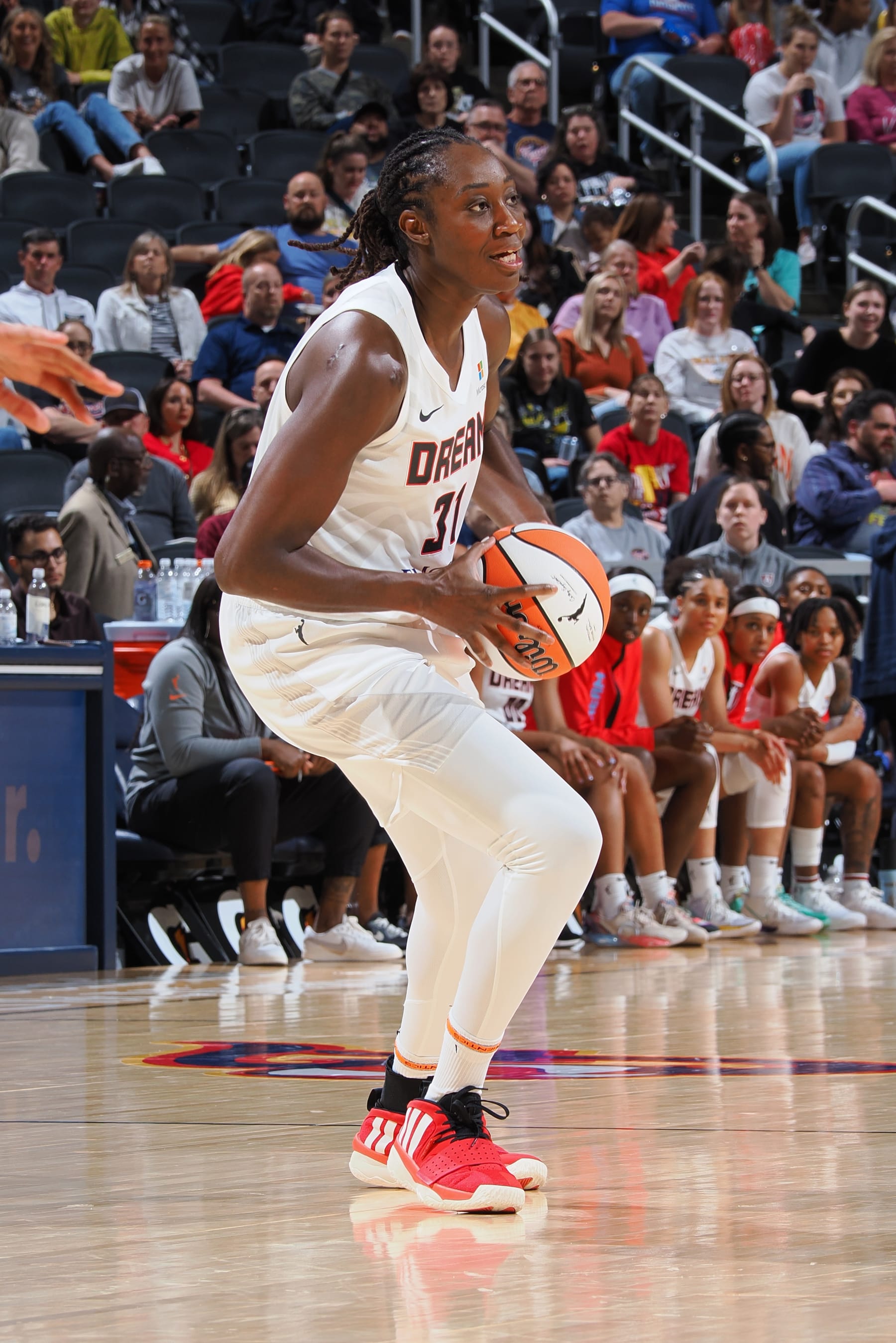 INDIANAPOLIS, IN - MAY 9: Tina Charles #31 of the Atlanta Dream handles the ball during the game against the Indiana Fever on May 9, 2024 at Gainbridge Fieldhouse in Indianapolis, Indiana. NOTE TO USER: User expressly acknowledges and agrees that, by downloading and or using this Photograph, user is consenting to the terms and conditions of the Getty Images License Agreement. Mandatory Copyright Notice: Copyright 2024 NBAE (Photo by Ron Hoskins/NBAE via Getty Images)