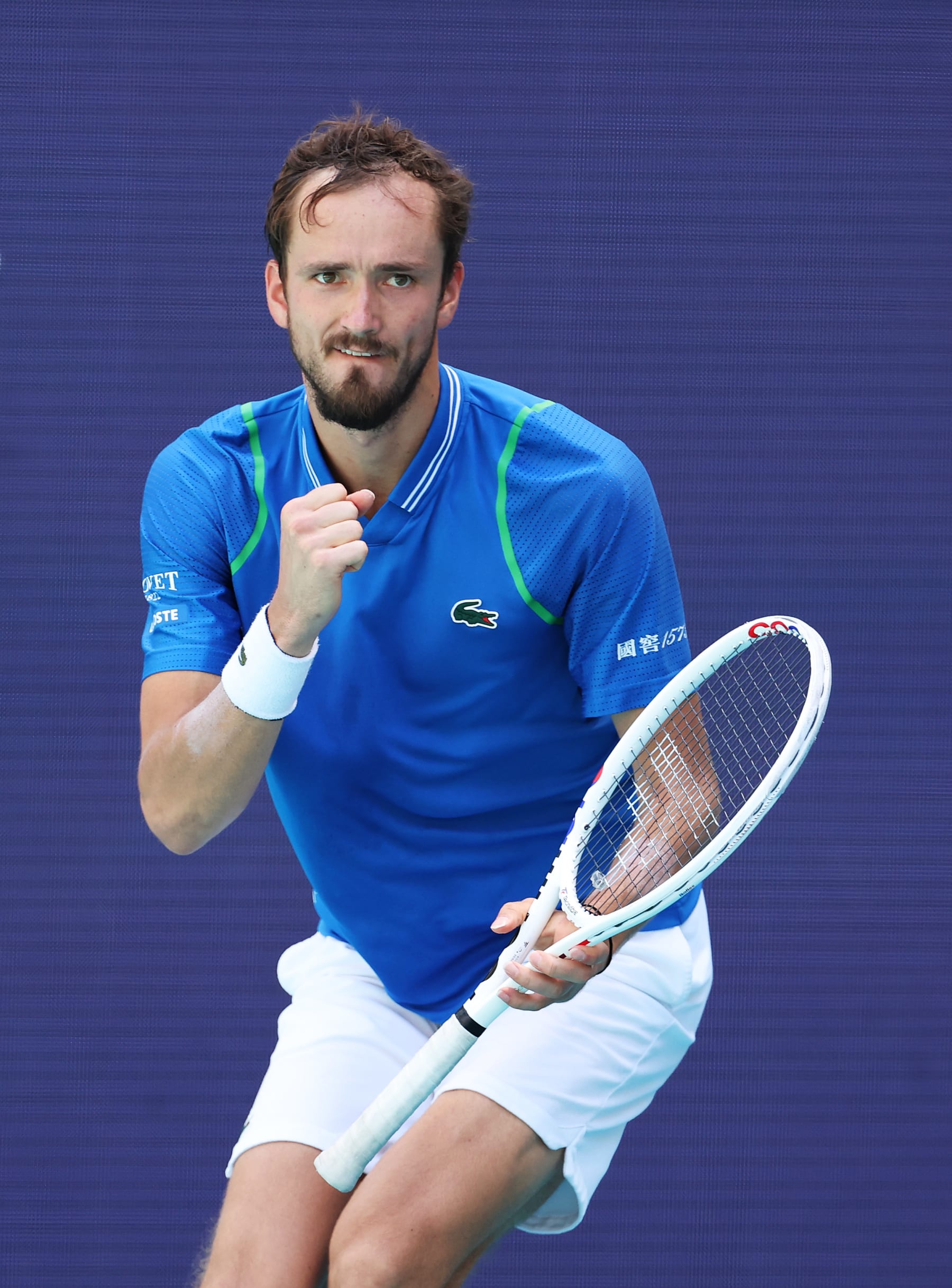 MIAMI GARDENS, FLORIDA - APRIL 02:  Daniil Medvedev of Russia celebrates winning the first set against Jannik Sinner of Italy
 during the Mens Finals of the Miami Open at Hard Rock Stadium on April 02, 2023 in Miami Gardens, Florida. (Photo by Al Bello/Getty Images)