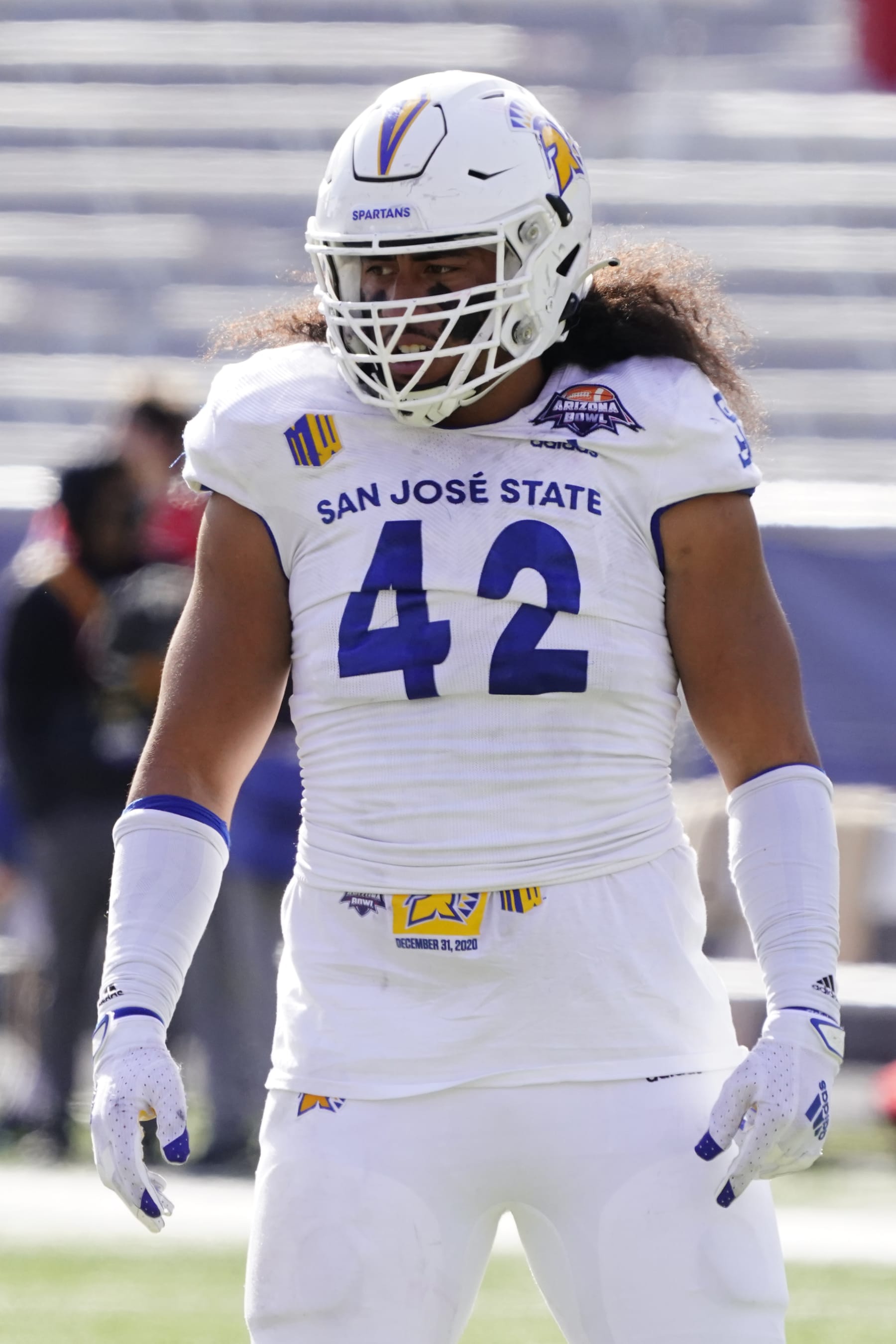 San Jose State defensive end Viliami Fehoko (42) in the first half of the Arizona Bowl NCAA college football game against Ball State, Thursday, Dec. 31, 2020, in Tucson, Ariz. (AP Photo/Rick Scuteri)