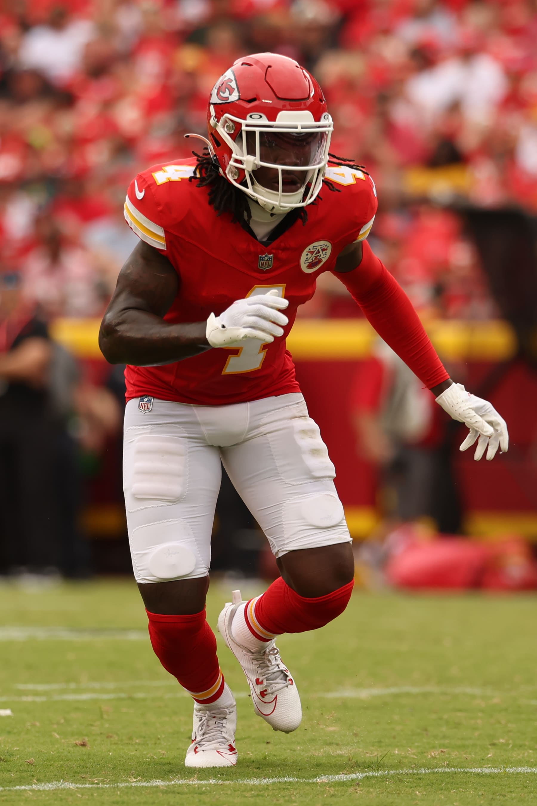 KANSAS CITY, MO - AUGUST 26: Kansas City Chiefs wide receiver Rashee Rice (4) runs a route in the first quarter of an NFL preseason game between the Cleveland Browns and Kansas City Chiefs on Aug 26, 2023 at GEHA Field at Arrowhead Stadium in Kansas City, MO. (Photo by Scott Winters/Icon Sportswire via Getty Images)