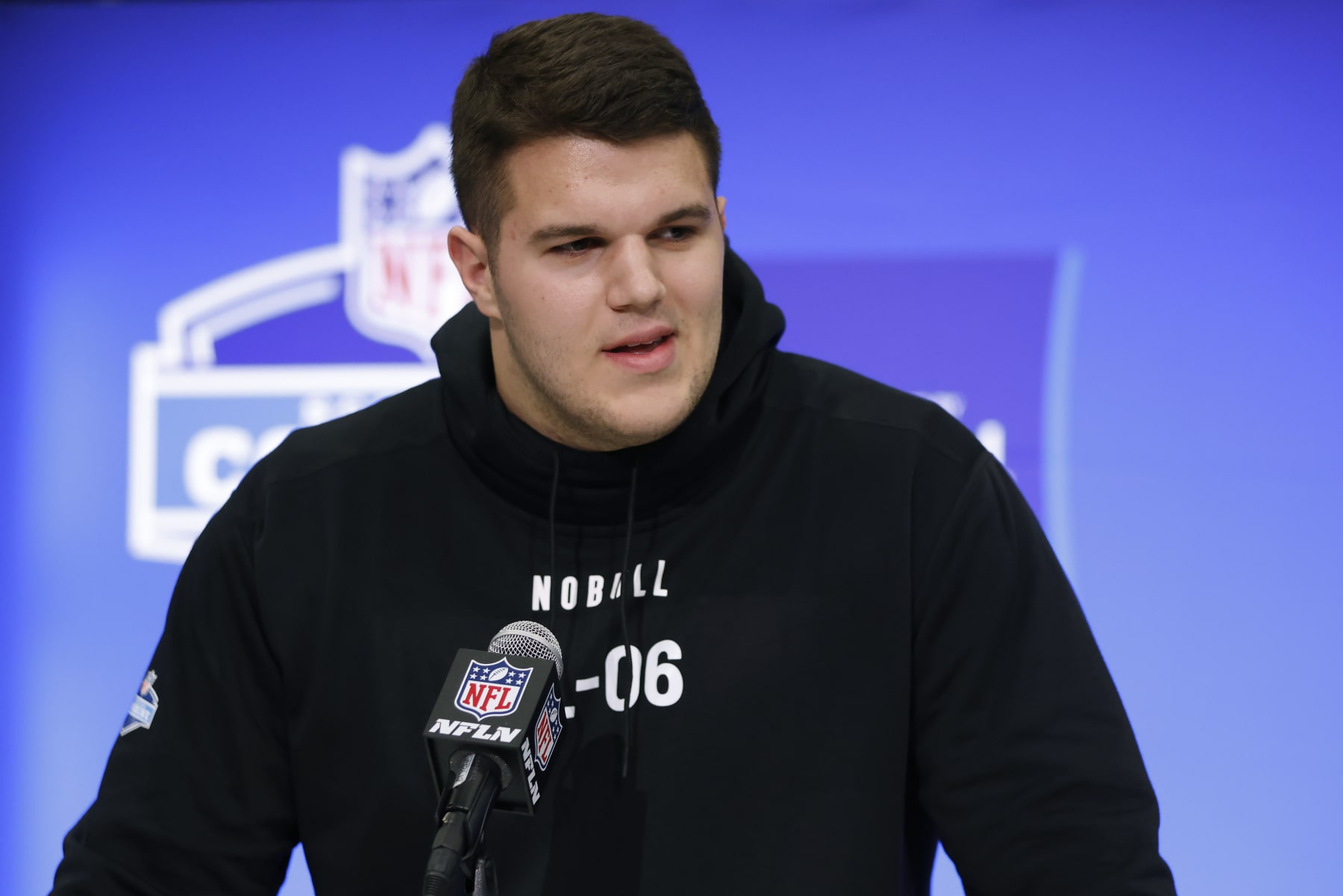 INDIANAPOLIS, INDIANA - MARCH 02: Graham Barton #OL06 of the Duke Blue Devils speaks to the media during the 2024 NFL Combine at the Indiana Convention Center on March 02, 2024 in Indianapolis, Indiana. (Photo by Justin Casterline/Getty Images)