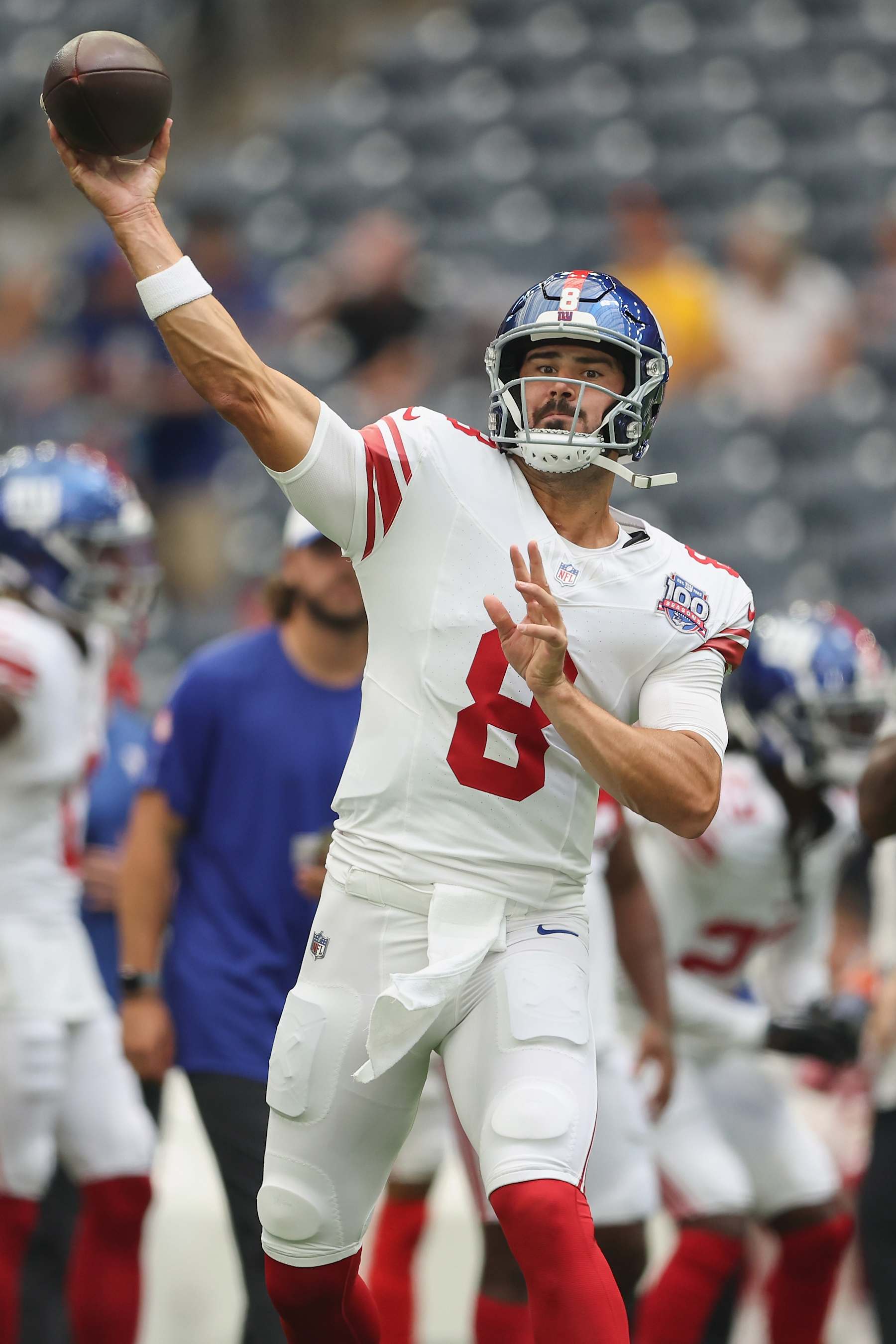 HOUSTON, TEXAS - AUGUST 17: Daniel Jones #8 of the New York Giants throws a pass before the preseason game against the Houston Texans at NRG Stadium on August 17, 2024 in Houston, Texas. (Photo by Tim Warner/Getty Images)