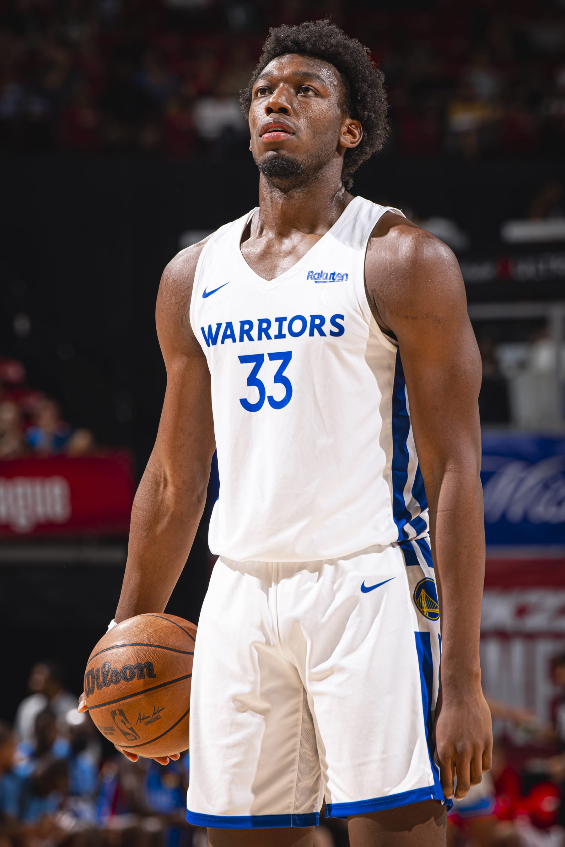 LAS VEGAS, NV - JULY 15: James Wiseman #33 of the Golden State Warriors prepares to shoot a free throw during the game against the Oklahoma City Thunder  during the 2022 Las Vegas Summer League on July 15, 2022 at the Cox Pavilion in Las Vegas, Nevada NOTE TO USER: User expressly acknowledges and agrees that, by downloading and/or using this Photograph, user is consenting to the terms and conditions of the Getty Images License Agreement. Mandatory Copyright Notice: Copyright 2022 NBAE (Photo by Zach Beeker/NBAE via Getty Images)