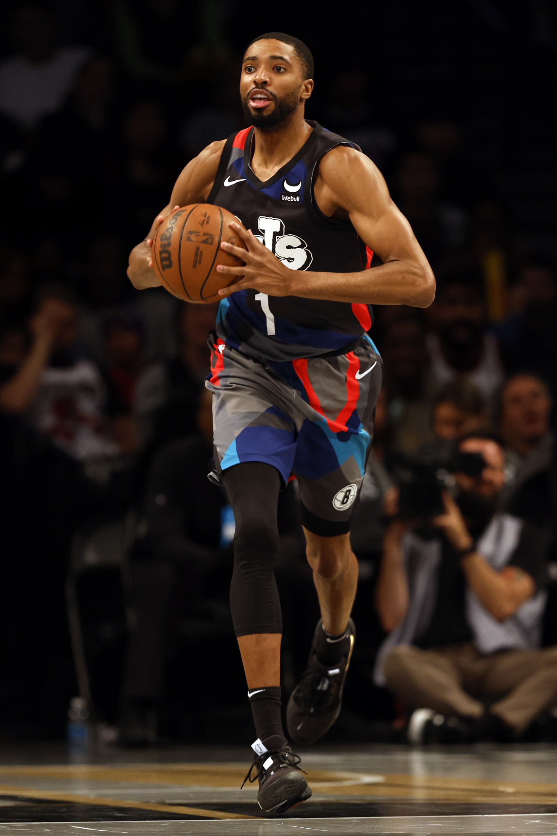 NEW YORK, NEW YORK - NOVEMBER 28: Mikal Bridges #1 of the Brooklyn Nets looks to pass during the second half of an NBA In-Season Tournament game against the Toronto Raptors at Barclays Center on November 28, 2023 in the Brooklyn borough of New York City. The Nets won 115-103. NOTE TO USER: User expressly acknowledges and agrees that, by downloading and/or using this photograph, User is consenting to the terms and conditions of the Getty Images License Agreement. (Photo by Sarah Stier/Getty Images)