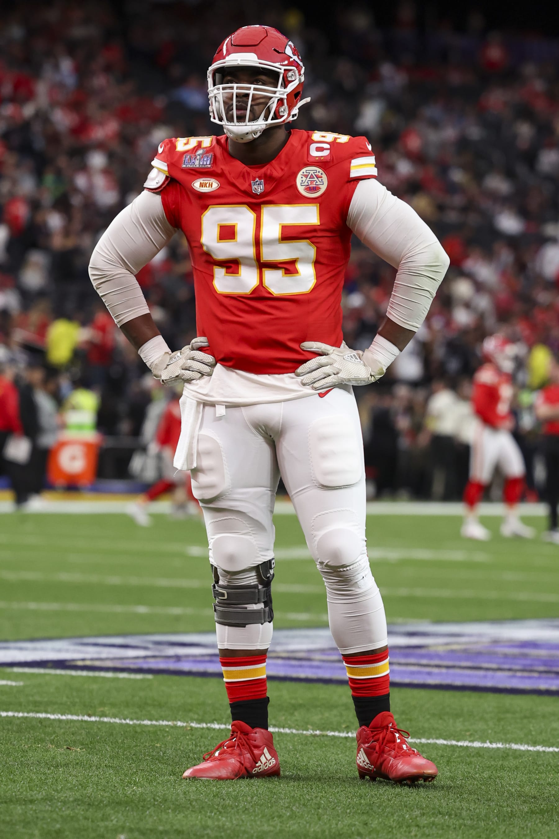 LAS VEGAS, NV - FEBRUARY 11: Chris Jones #95 of the Kansas City Chiefs warms up prior to Super Bowl LVIII against the San Francisco 49ers at Allegiant Stadium on February 11, 2024 in Las Vegas, NV. (Photo by Perry Knotts/Getty Images)
