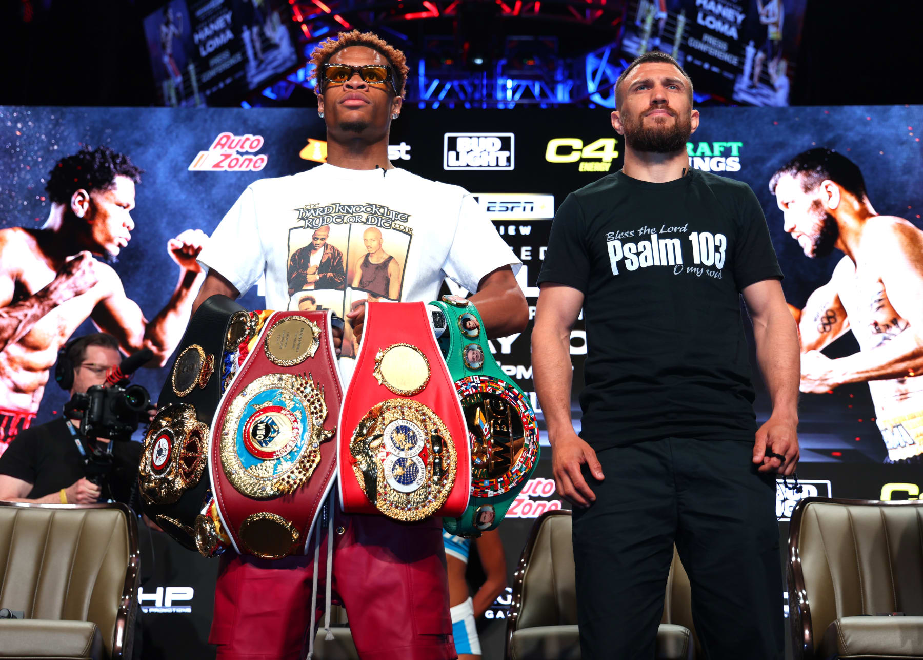 LAS VEGAS, NEVADA - MAY 17: Devin Haney (L) and Vasiliy Lomachenko (R) pose during the press conference prior to their May 20 Undisputed lightweight championship fight at MGM Grand Hotel & Casino on May 17, 2023 in Las Vegas, Nevada. (Photo by Mikey Williams/Top Rank Inc via Getty Images)