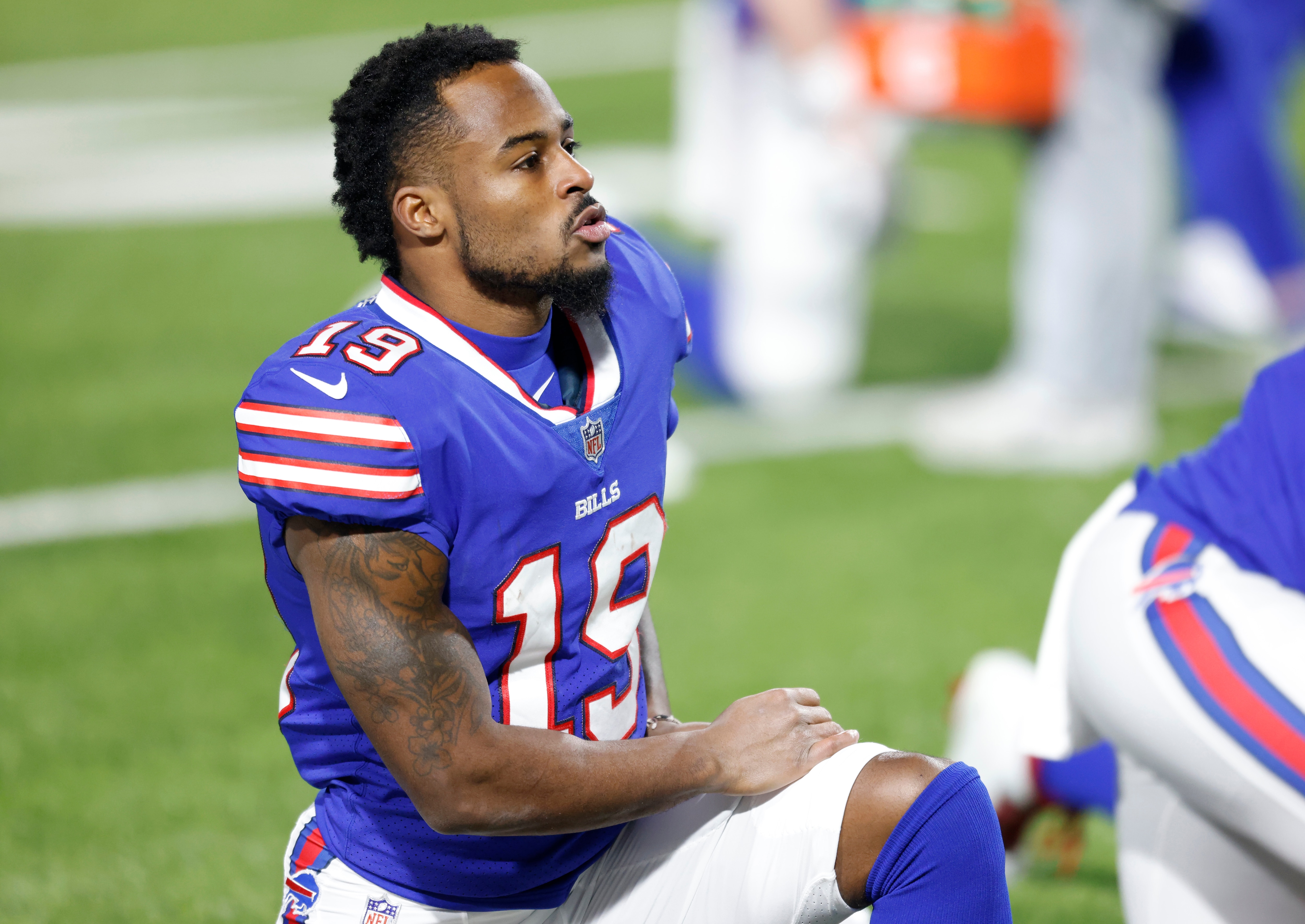 ORCHARD PARK, NEW YORK - JANUARY 16: Isaiah McKenzie #19 of the Buffalo Bills warms up before the AFC Divisional Playoff game against the Baltimore Ravens  at Bills Stadium on January 16, 2021 in Orchard Park, New York. (Photo by Bryan M. Bennett/Getty Images)