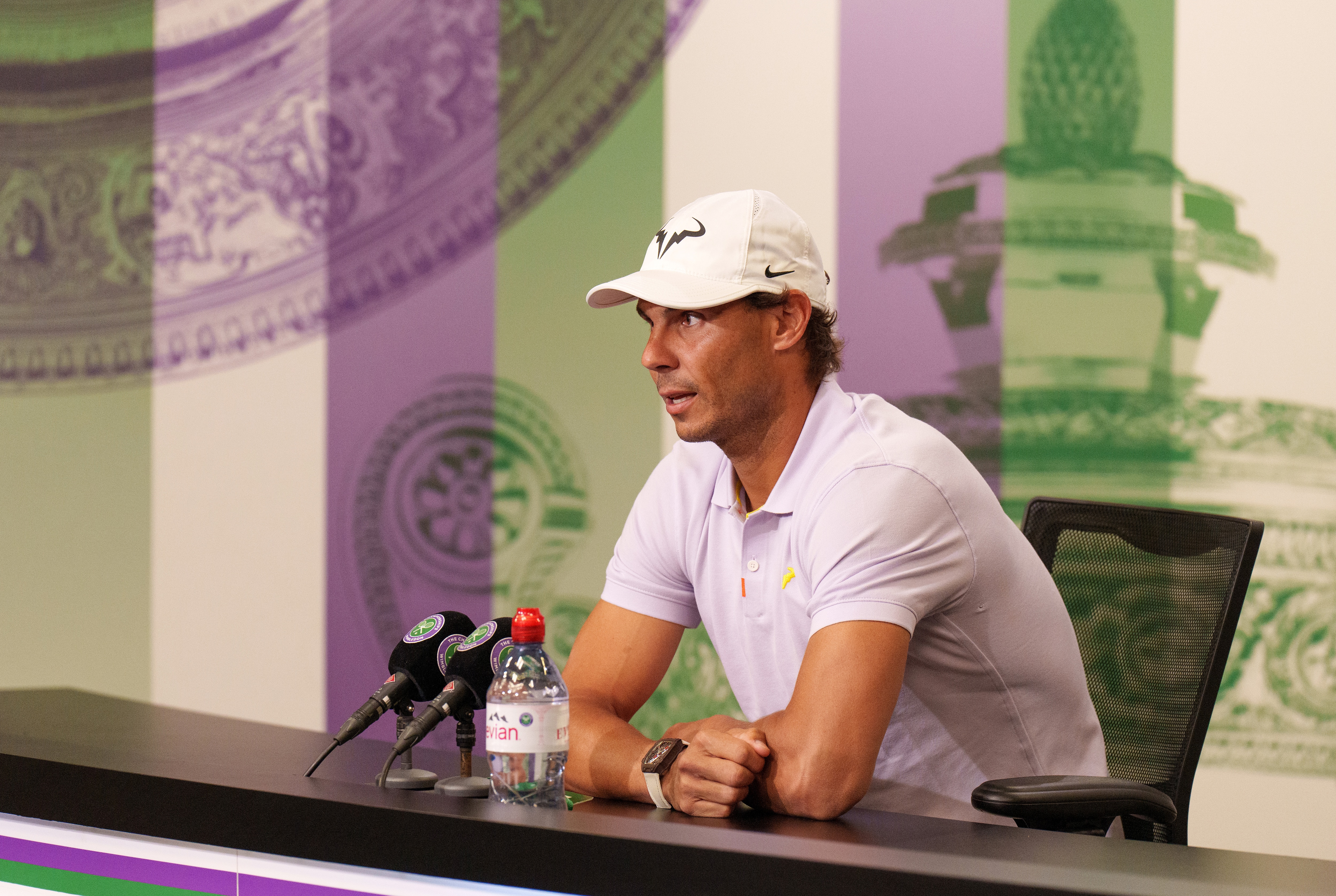 LONDON, ENGLAND - JULY 07: Rafael Nadal of Spain talks to the Media to announce his withdrawal from the tournament during a press conference on day eleven of The Championships Wimbledon 2022 at All England Lawn Tennis and Croquet Club on July 07, 2022 in London, England. (Photo by AELTC/Joe Toth - Pool/Getty Images)