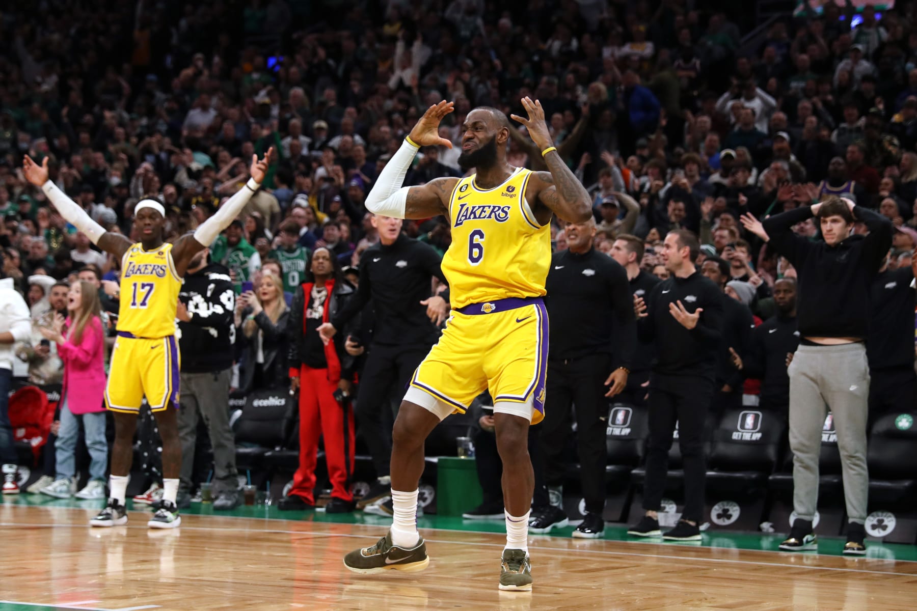 BOSTON, MASSACHUSETTS - JANUARY 28: LeBron James #6 of the Los Angeles Lakers reacts during the fourth quarter against the Boston Celtics at TD Garden on January 28, 2023 in Boston, Massachusetts. The Celtics defeat the Lakers 125-121.  (Photo by Maddie Meyer/Getty Images)