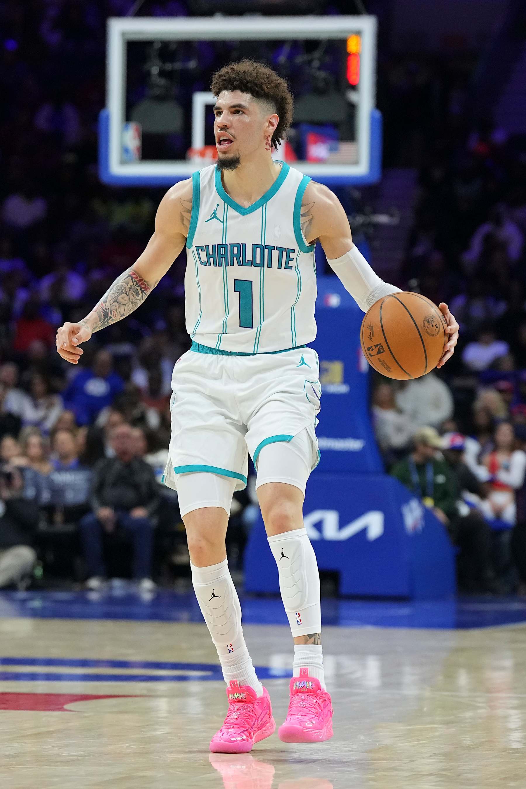 PHILADELPHIA, PENNSYLVANIA - NOVEMBER 10: LaMelo Ball #1 of the Charlotte Hornets dribbles the ball against the Philadelphia 76ers at the Wells Fargo Center on November 10, 2024 in Philadelphia, Pennsylvania. NOTE TO USER: User expressly acknowledges and agrees that, by downloading and/or using this photograph, user is consenting to the terms and conditions of the Getty Images License Agreement. (Photo by Mitchell Leff/Getty Images)