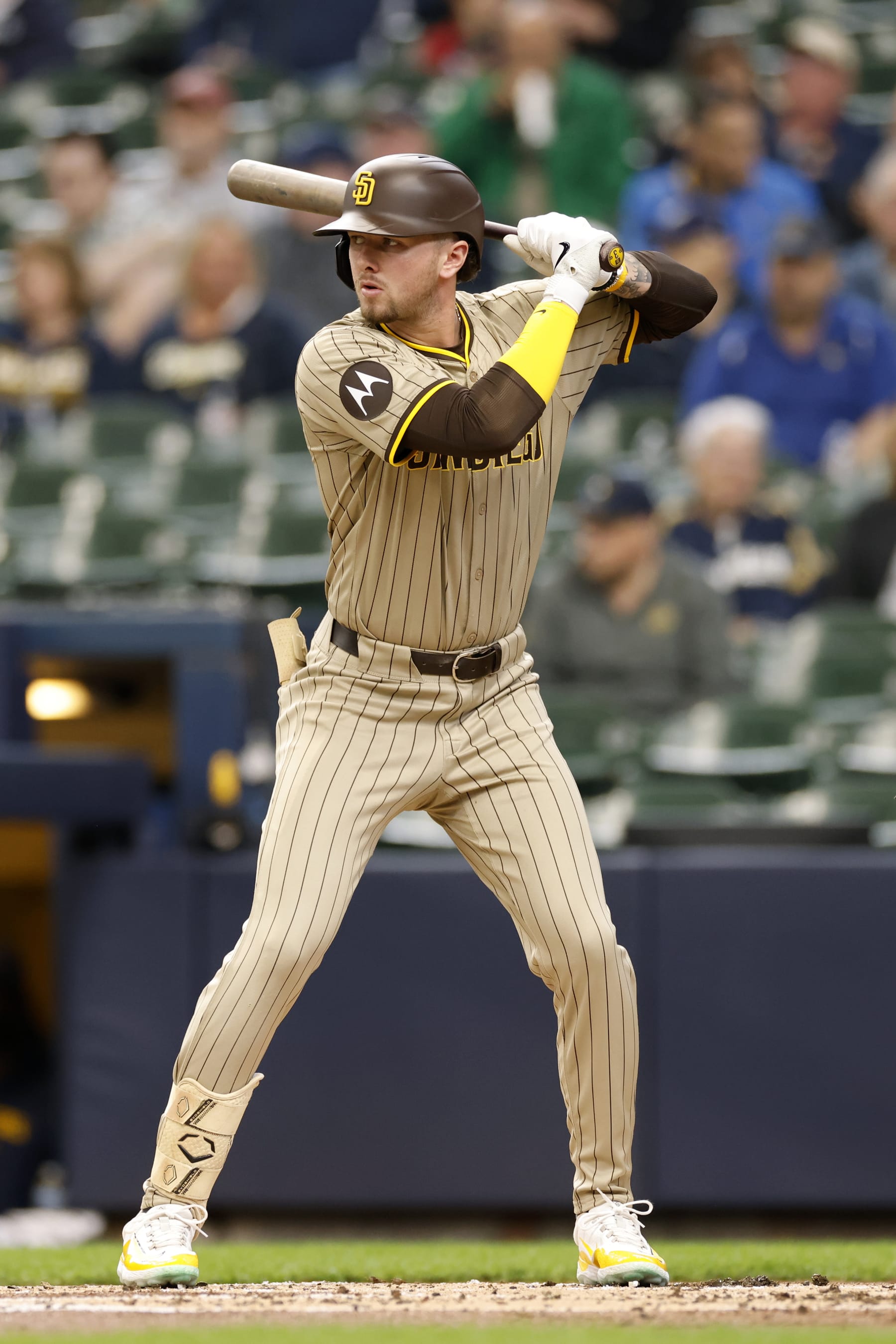 MILWAUKEE, WI - APRIL 17: San Diego Padres outfielder Jackson Merrill (3) bats during an MLB game against the Milwaukee Brewers on April 17, 2024 at American Family Field in Milwaukee, Wisconsin. (Photo by Joe Robbins/Icon Sportswire via Getty Images)