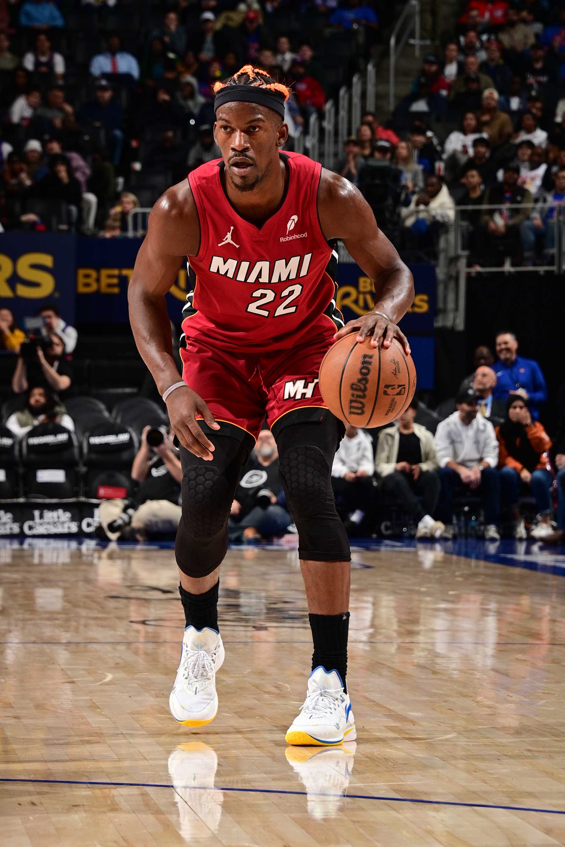 DETROIT, MI - DECEMBER 16: Jimmy Butler #22 of the Miami Heat dribbles the ball during the game against the Detroit Pistons on December 16, 2024 at Little Caesars Arena in Detroit, Michigan. NOTE TO USER: User expressly acknowledges and agrees that, by downloading and/or using this photograph, User is consenting to the terms and conditions of the Getty Images License Agreement. Mandatory Copyright Notice: Copyright 2024 NBAE (Photo by Chris Schwegler/NBAE via Getty Images)