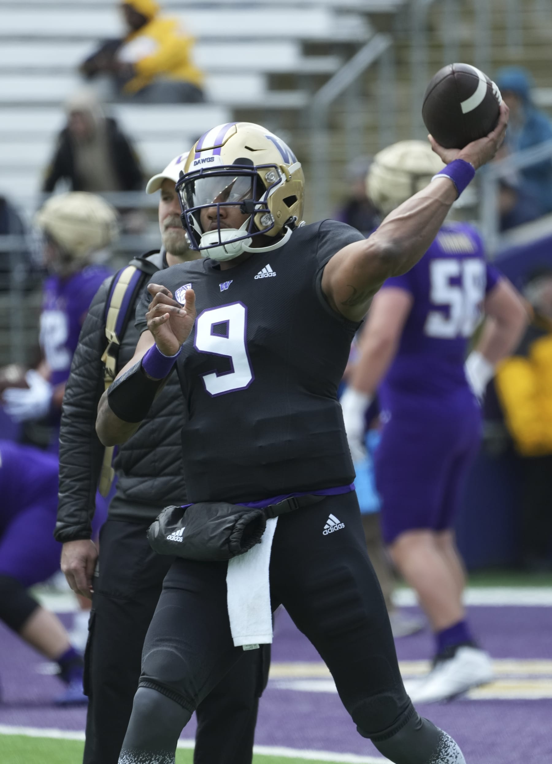 Seattle, WA - APRIL 22: Washington Husky quarterback Michael Penix Jr (9) throws during practice before the Washington Husky Spring game on April 22, 2023 at Husky Stadium in Seattle, WA. (Photo by Jeff Halstead/Icon Sportswire via Getty Images)