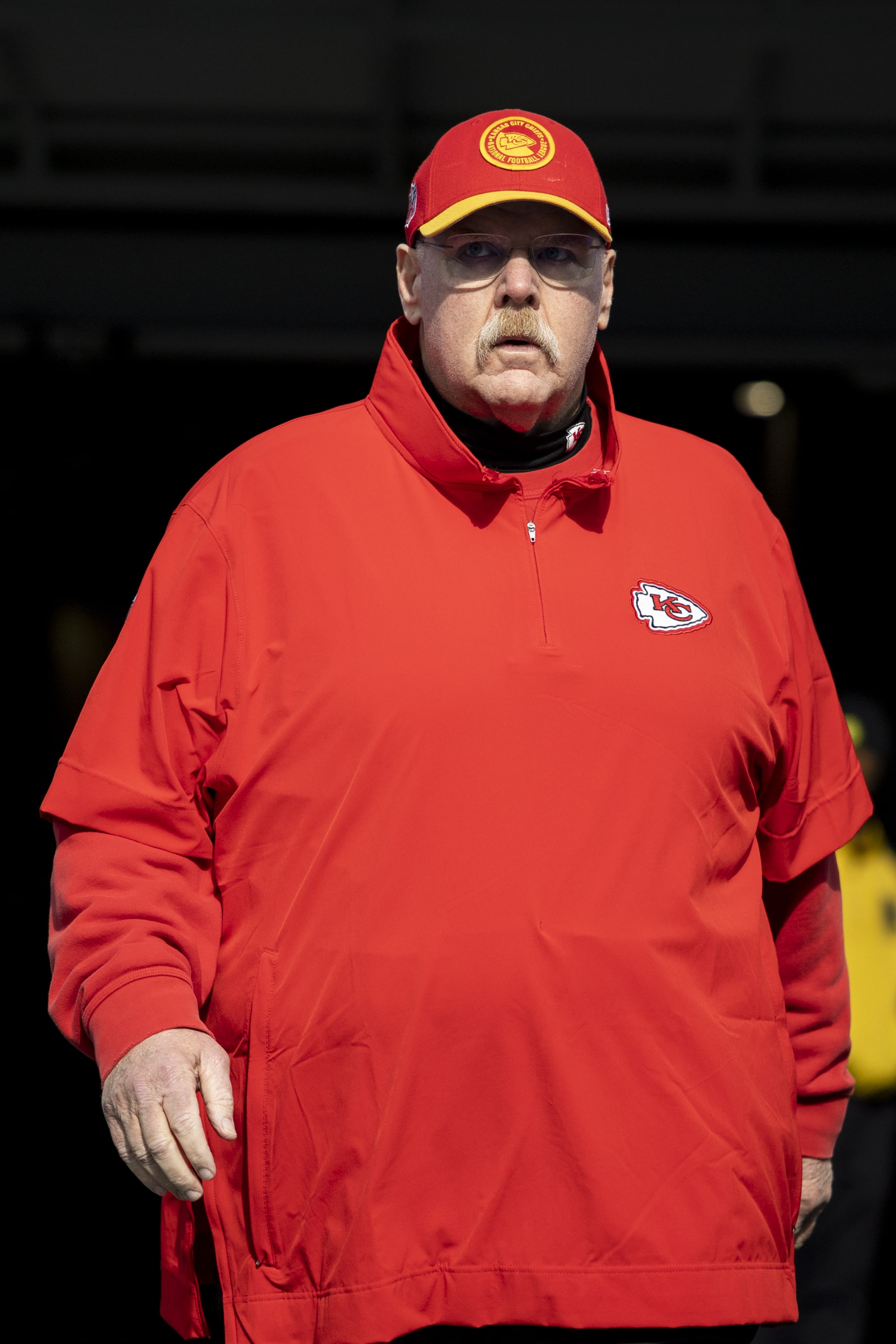 INGLEWOOD, CALIFORNIA - JANUARY 07: Head coach Andy Reid of the Kansas City Chiefs takes the field prior to an NFL football game between the Los Angeles Chargers and the Kansas City Chiefs at SoFi Stadium on January 07, 2024 in Inglewood, California. (Photo by Michael Owens/Getty Images)