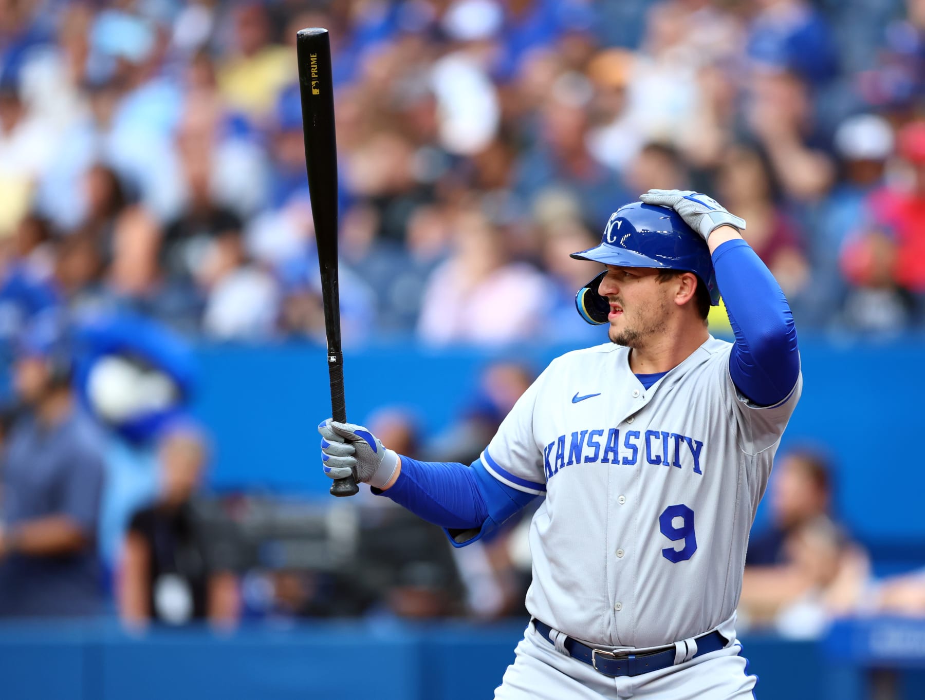 TORONTO, ON - JULY 15:  Vinnie Pasquantino #9 of the Kansas City Royals bats against the Toronto Blue Jays at Rogers Centre on July 15, 2022 in Toronto, Ontario, Canada.  (Photo by Vaughn Ridley/Getty Images)