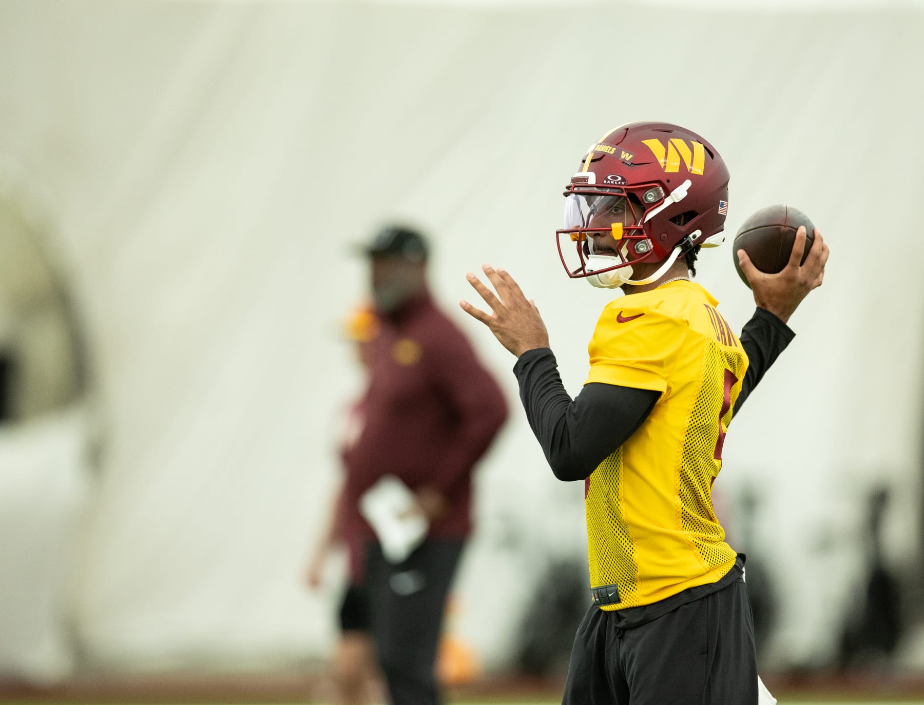ASHBURN, VA - MAY 10: Jayden Daniels of the Washington Commanders during the Rookie Mini Camp at the OrthoVirgina Training Center on May 10th, 2024 in Ashburn, Virgina. (Photo by Simon Bruty/Anychance/Getty Images)