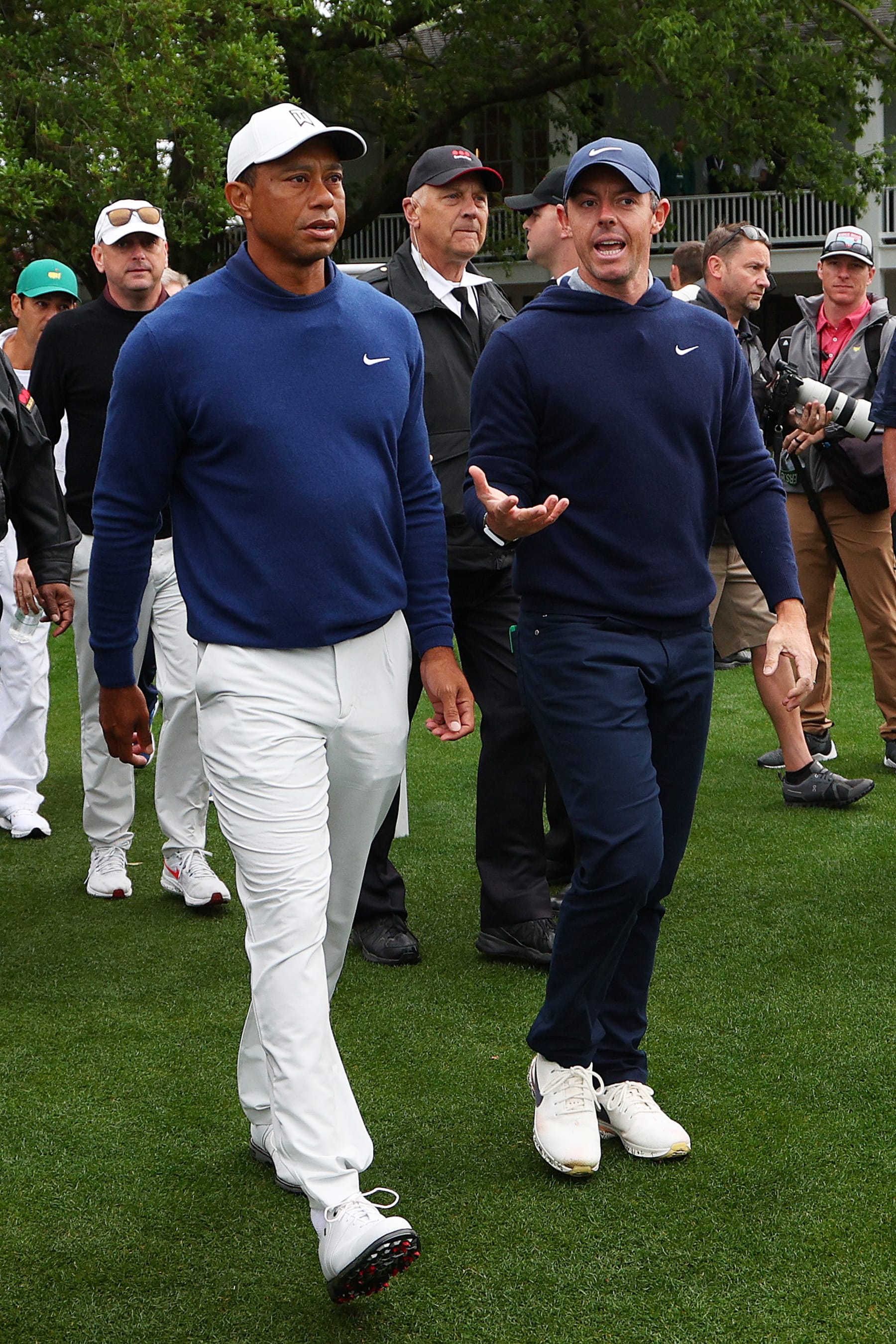 AUGUSTA, GEORGIA - APRIL 03: Tiger Woods of the United States and Rory McIlroy of Northern Ireland walk to the tenth tee during a practice round prior to the 2023 Masters Tournament at Augusta National Golf Club on April 03, 2023 in Augusta, Georgia. (Photo by Andrew Redington/Getty Images)