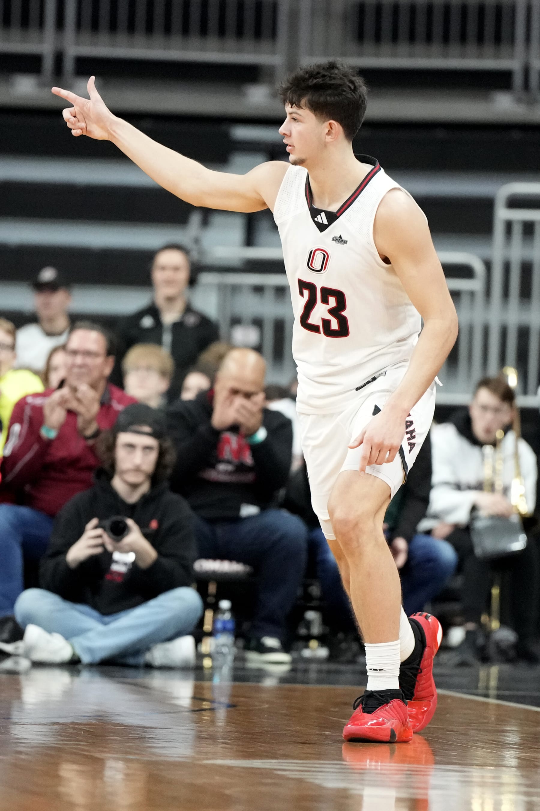 OMAHA, NE - DECEMBER 17:  Frankie Fidler #23 of the Nebraska-Omaha Mavericks celebrates a shot in the first half during a college basketball game against the Stetson Hatters at Baxter Arena on December 17, 2023 in Omaha, Nebraska.  (Photo by Mitchell Layton/Getty Images)