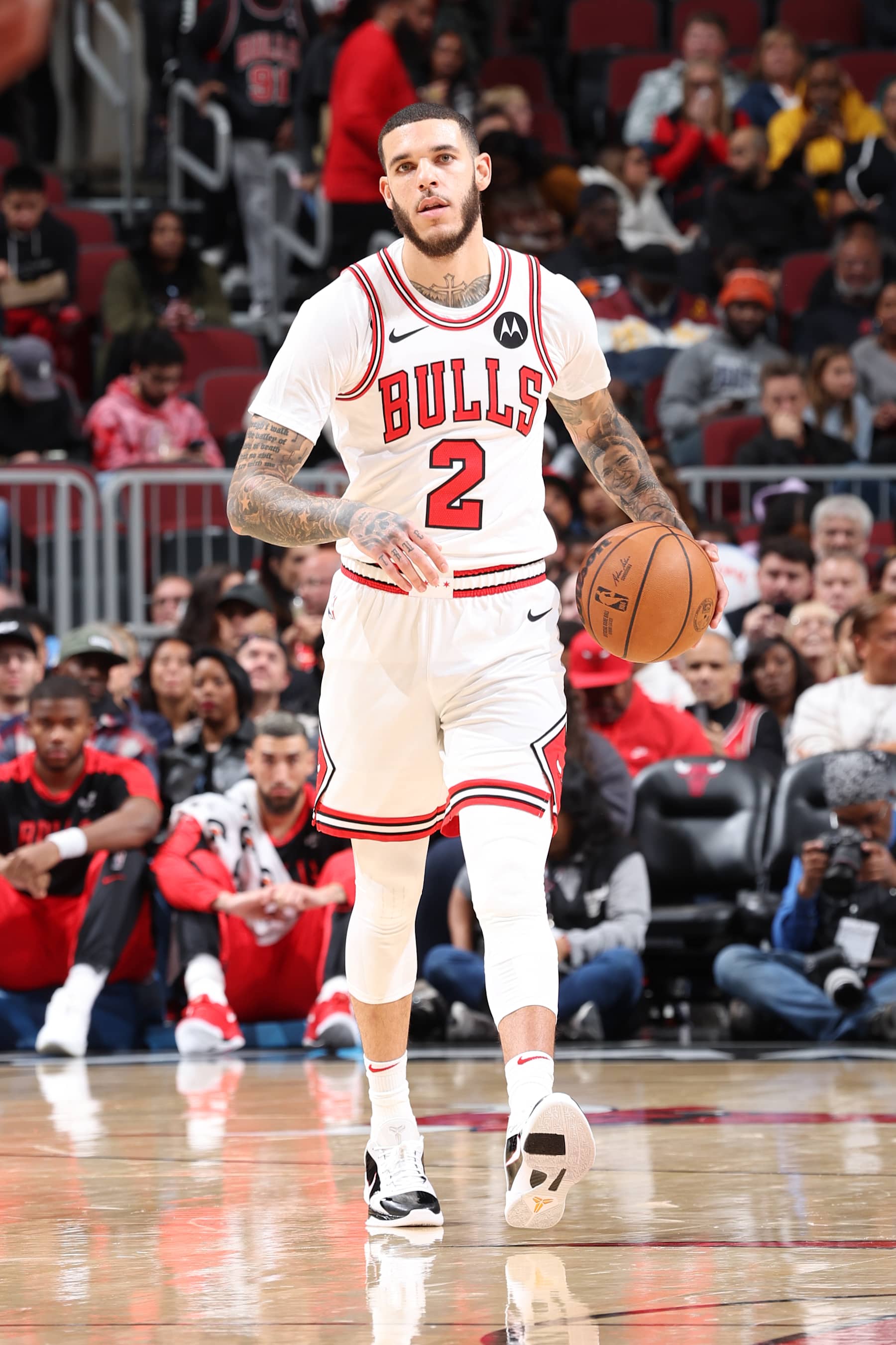 CHICAGO, IL - OCTOBER 16: Lonzo Ball #2 of the Chicago Bulls dribbles the ball during the game against the Minnesota Timberwolves during a NBA pre season game on October 16, 2024 at United Center in Chicago, Illinois. NOTE TO USER: User expressly acknowledges and agrees that, by downloading and or using this photograph, User is consenting to the terms and conditions of the Getty Images License Agreement. Mandatory Copyright Notice: Copyright 2024 NBAE (Photo by Jeff Haynes/NBAE via Getty Images)
